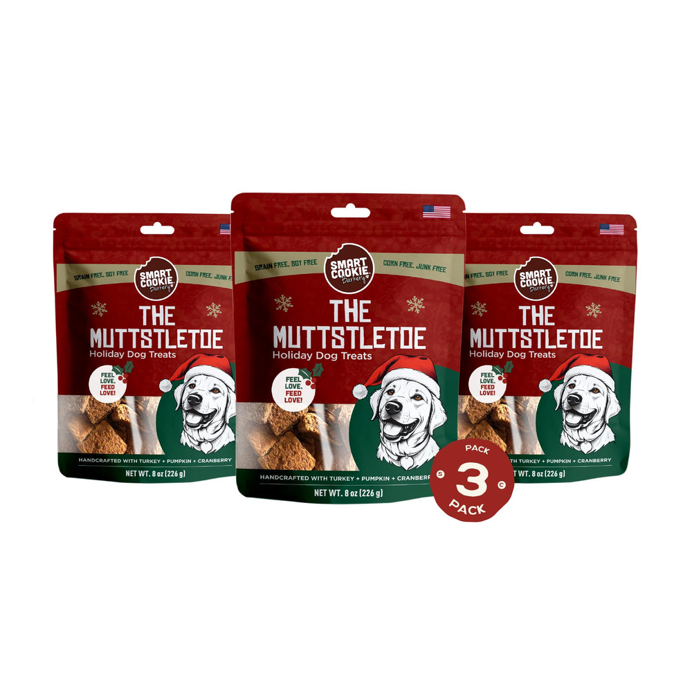 Smart Cookie Muttstletoe treats jar showcasing turkey, pumpkin, cranberry for holiday indulgence.