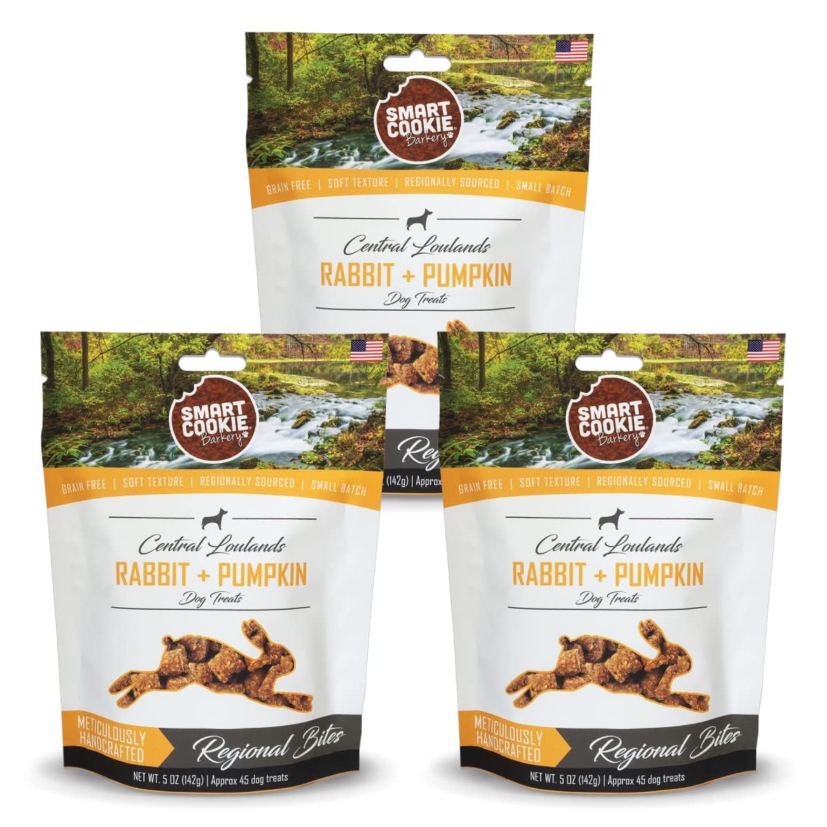 Smart Cookie Rabbit-Pumpkin soft treats packaging highlights natural ingredients for allergy-prone dogs.