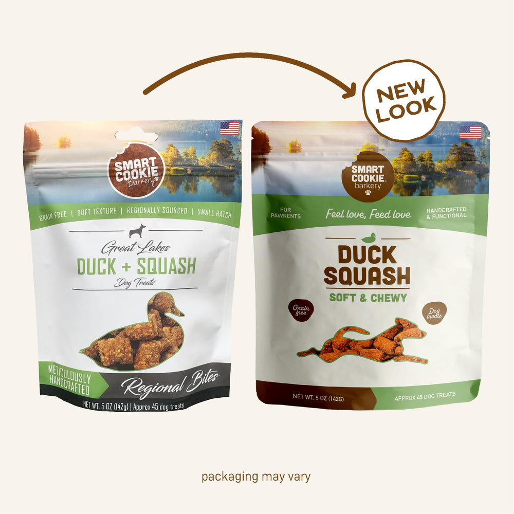 Smart Cookie soft-chewy-duck-squash-dog-treat close-up with visible real ingredients.