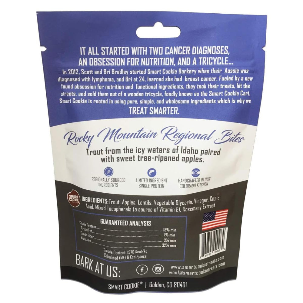 Smart Cookie Trout-Apple soft-chewy closeup highlighting grain-free ingredients