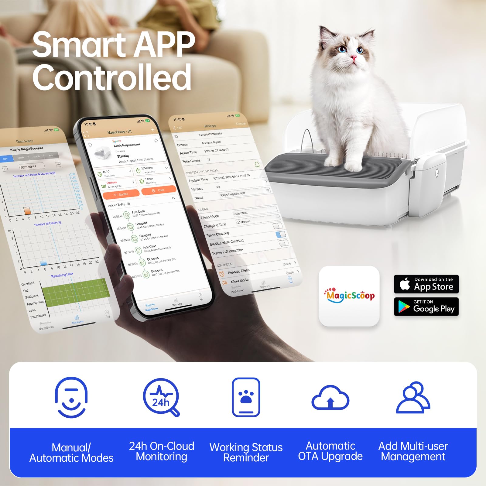 Smart Self-Cleaning Cat Litter Box sealed waste drawer aids odor control between changes.