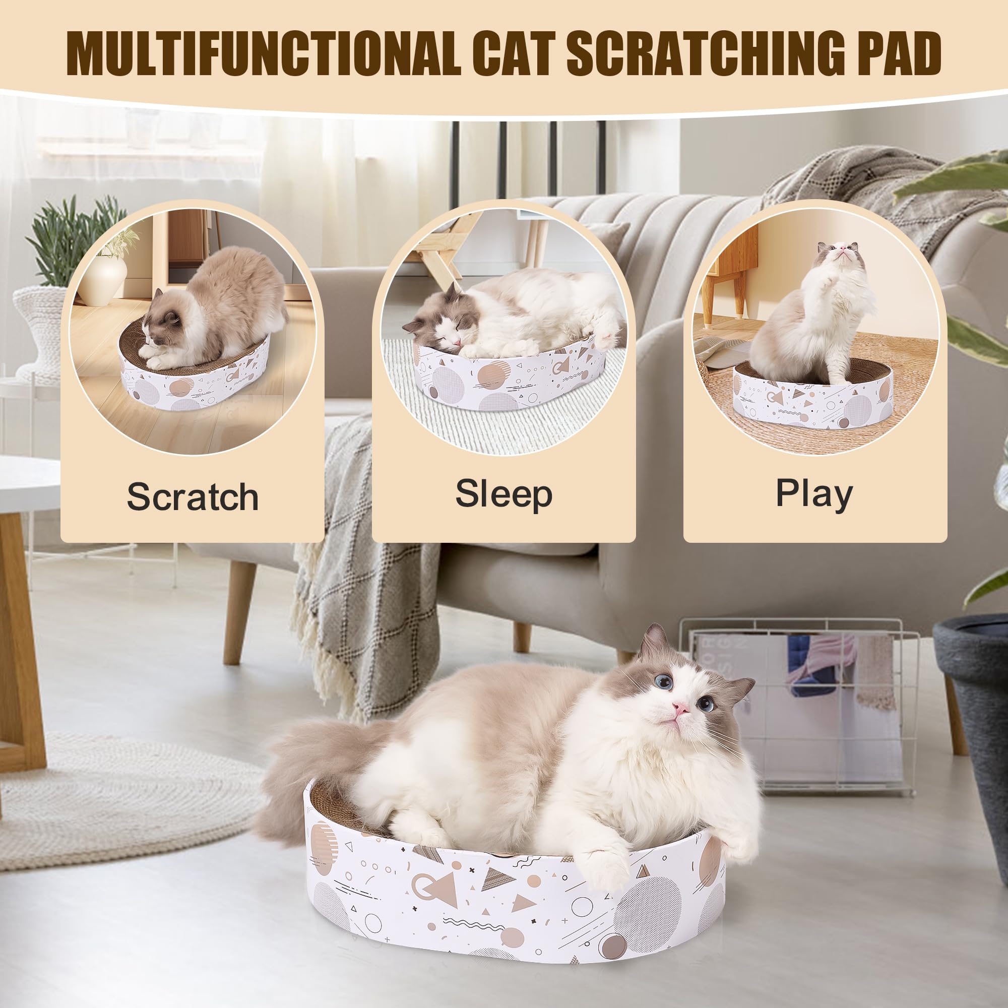 SMARTBEAN oval scratching pad resting and scratching view shows dual-use design.