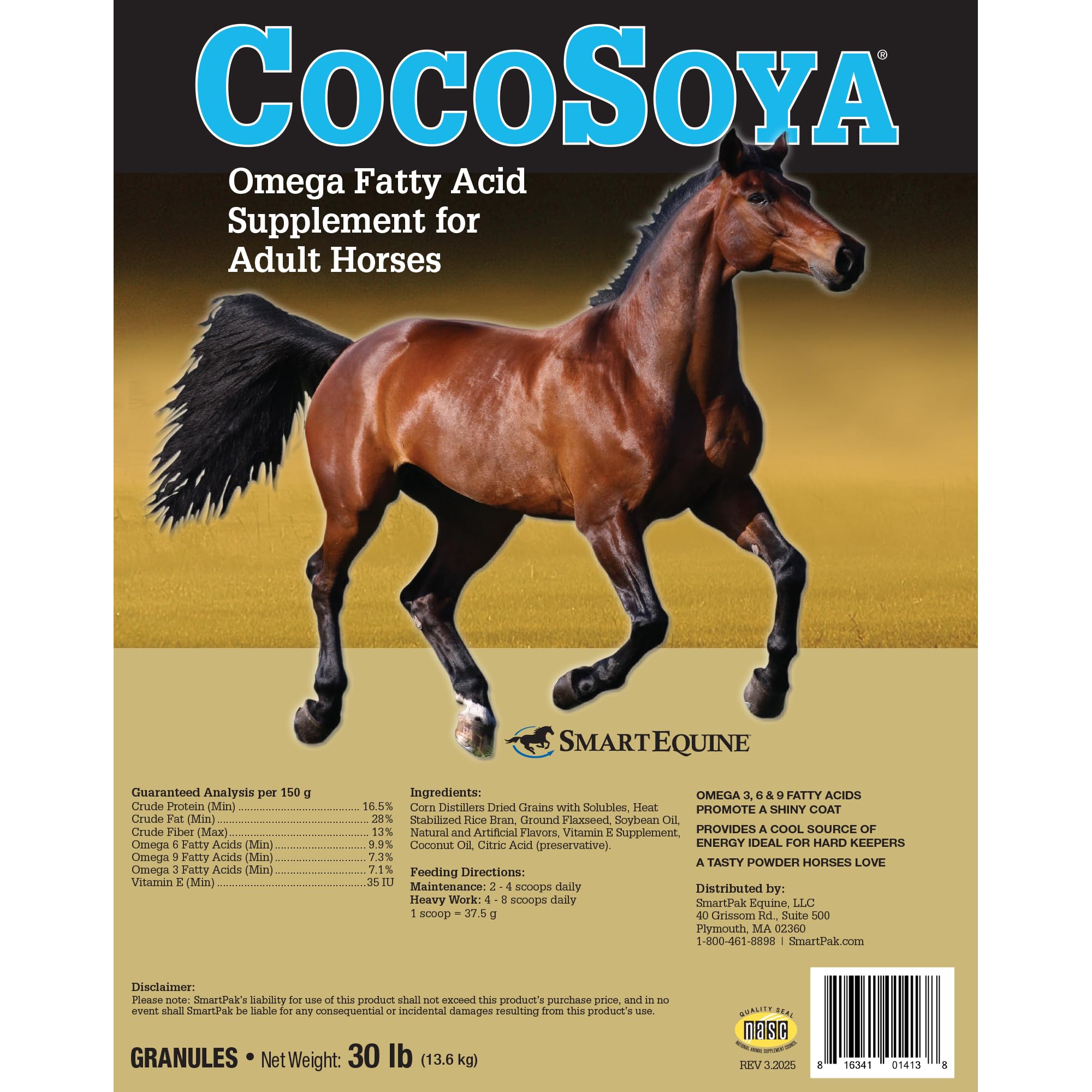 SmartEquine CocoSoya granular scoop for easy daily dosing and coat support.