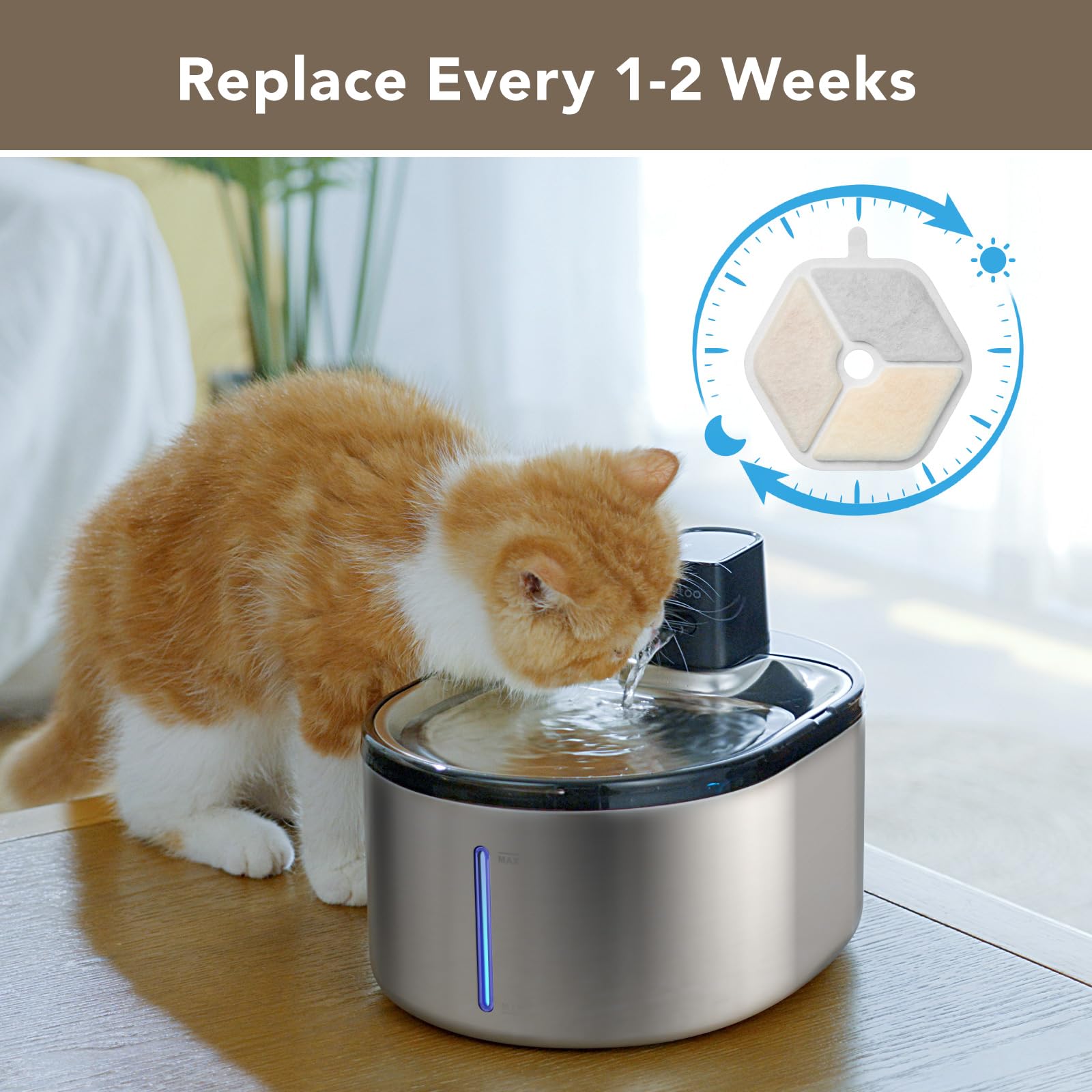 Smartoo PTM-643 fountain water quality illustration suggesting cleaner water for pets.