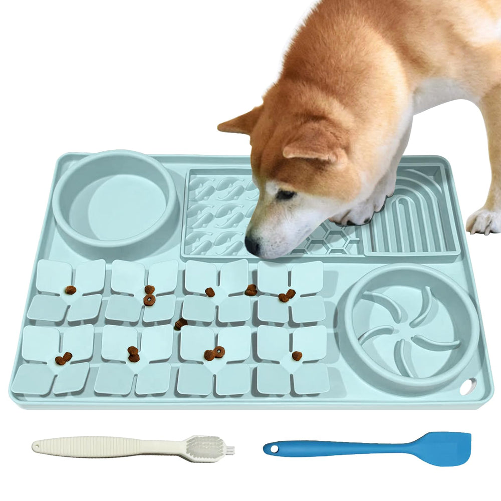 SmartTail lick mat 4-in-1 design combines slow eating, licking areas, and water options.