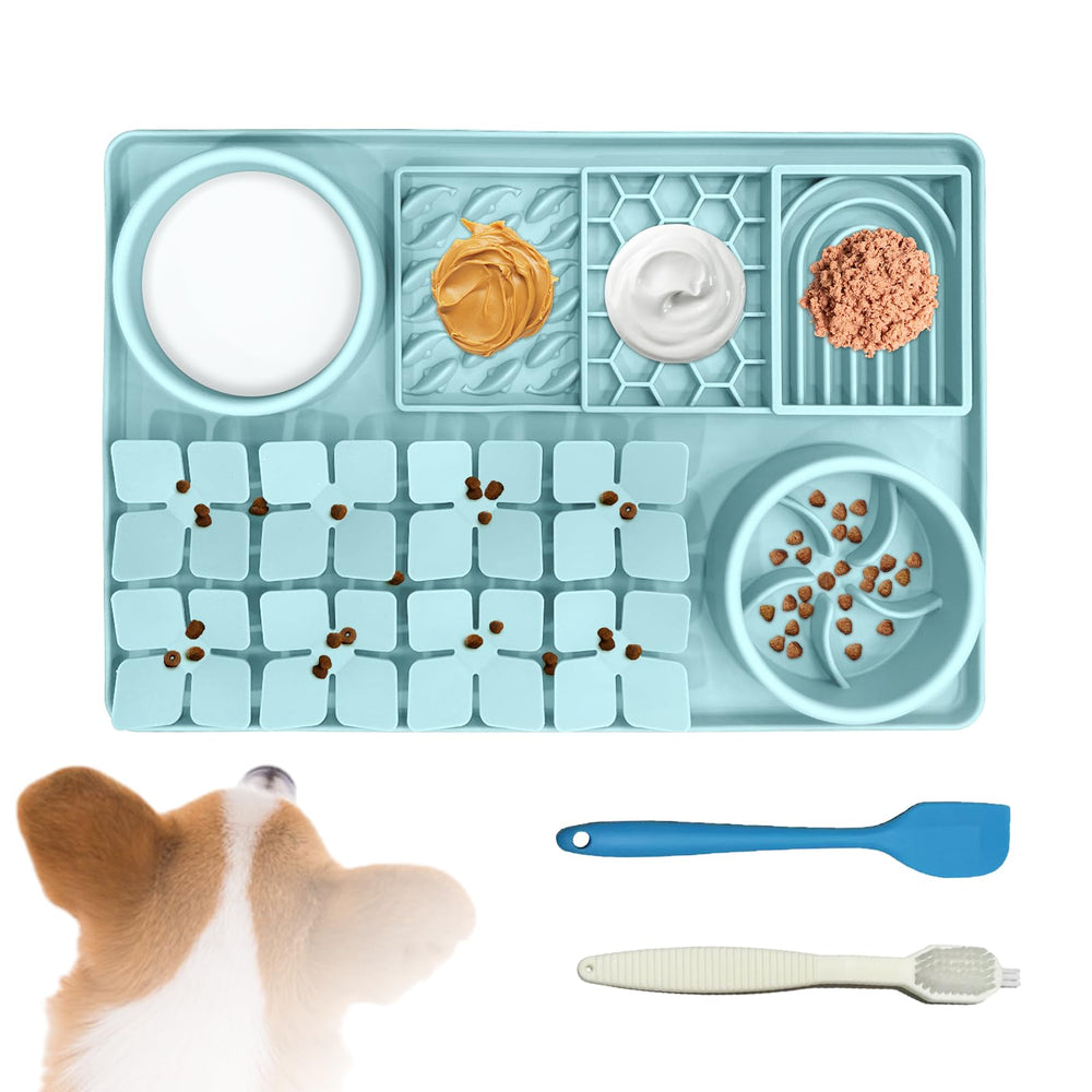 SmartTail lick mat for dogs with included brush and scraper for easy cleanup.