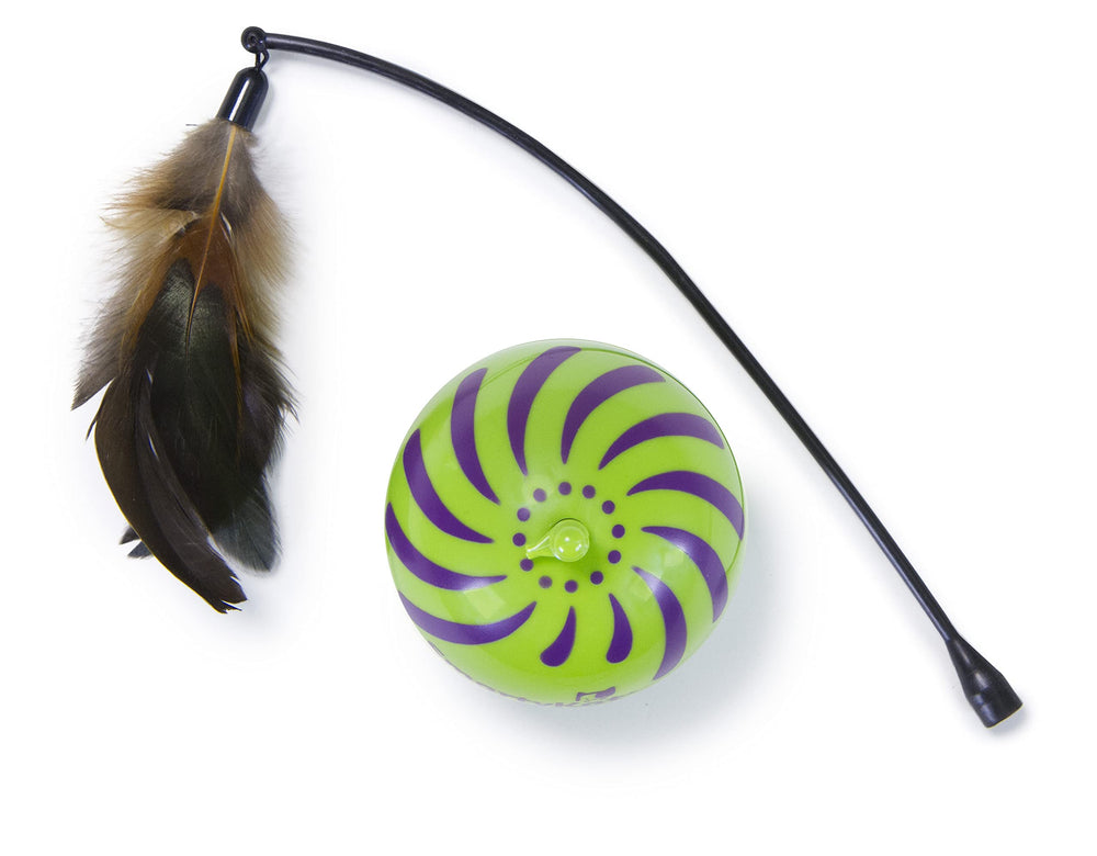 SmartyKat Feather Whirl action shot captures erratic motion that excites a cat.