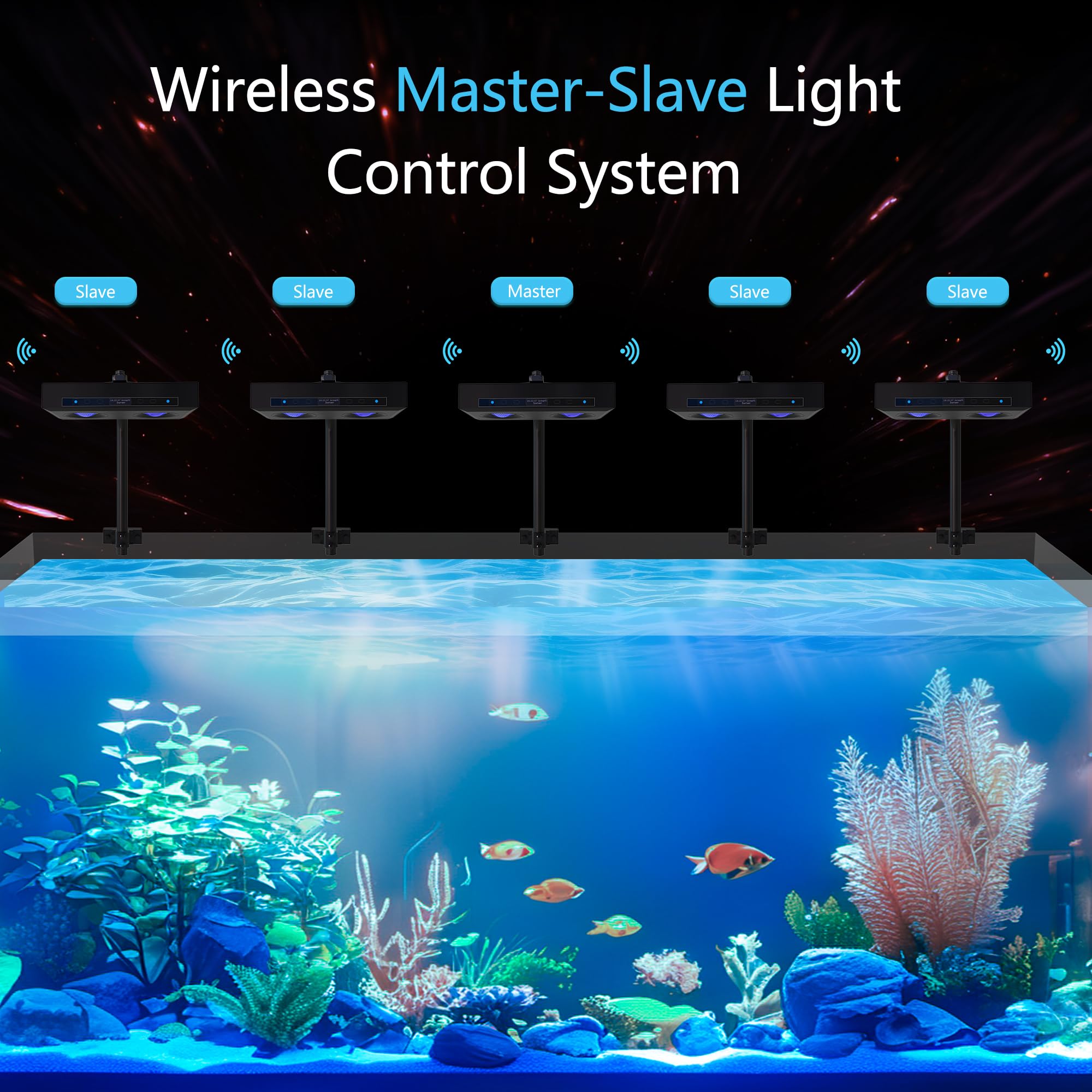 SMATFARM aquarium light group control demonstrates synchronized settings across multiple units.