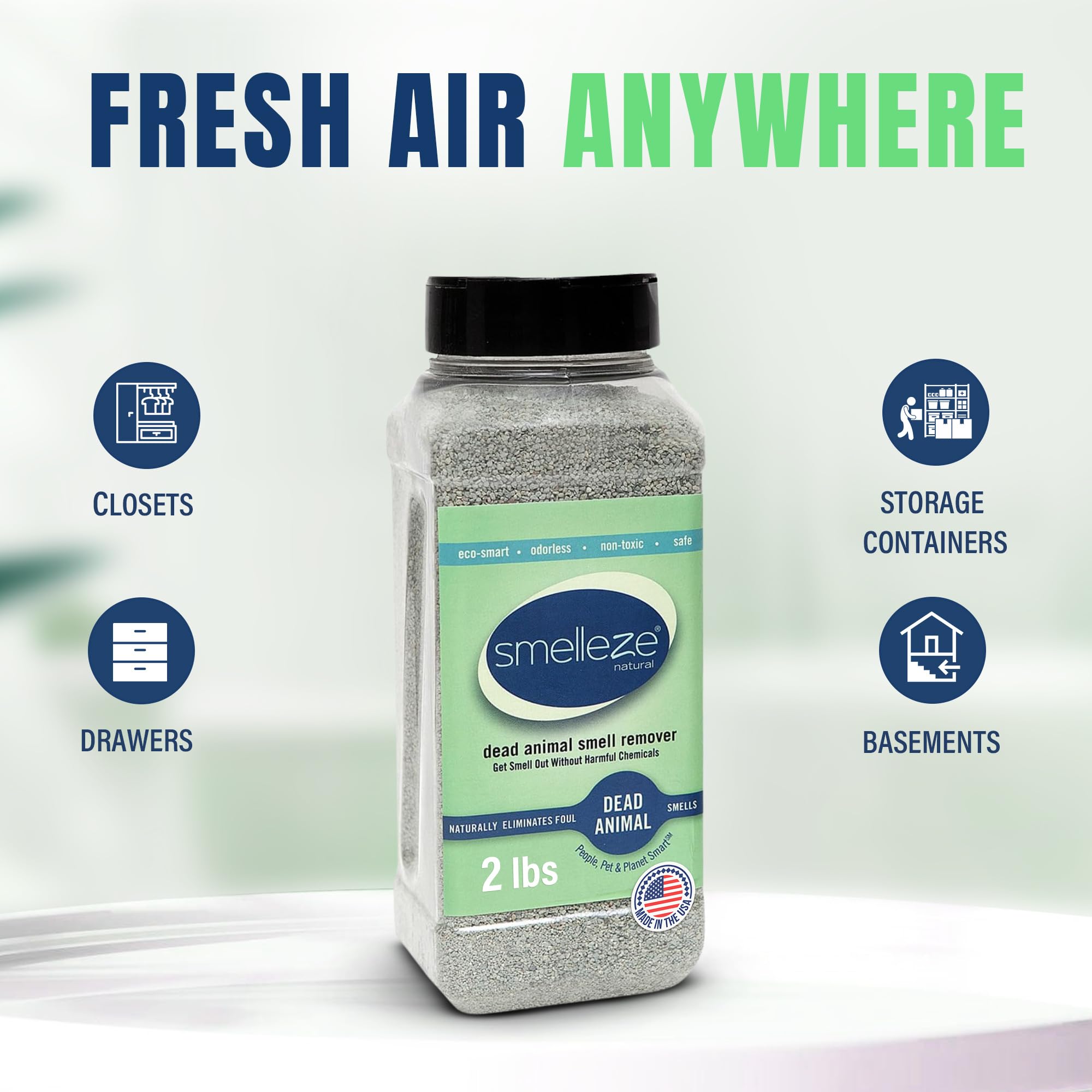 SMELLEZE long-lasting 24/7 odor control without sprays