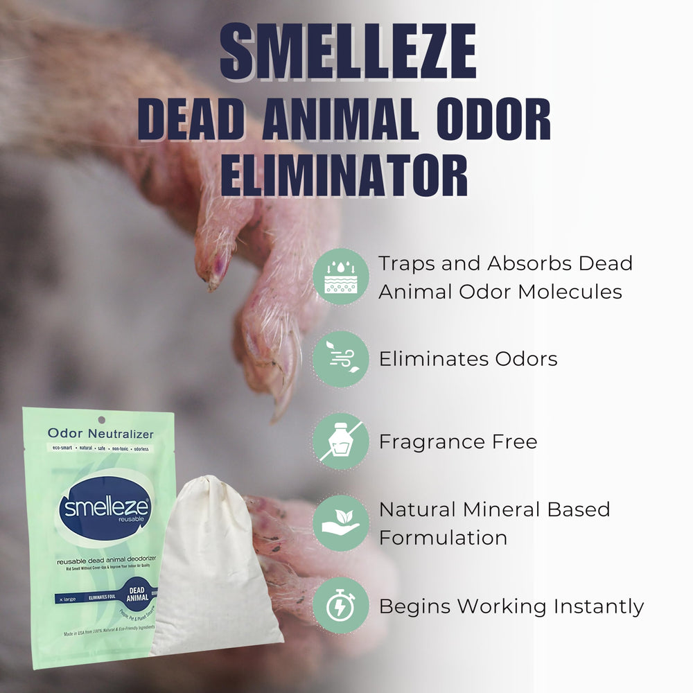 SMELLEZE near vents demonstrates 150+ sq ft coverage for odor removal.