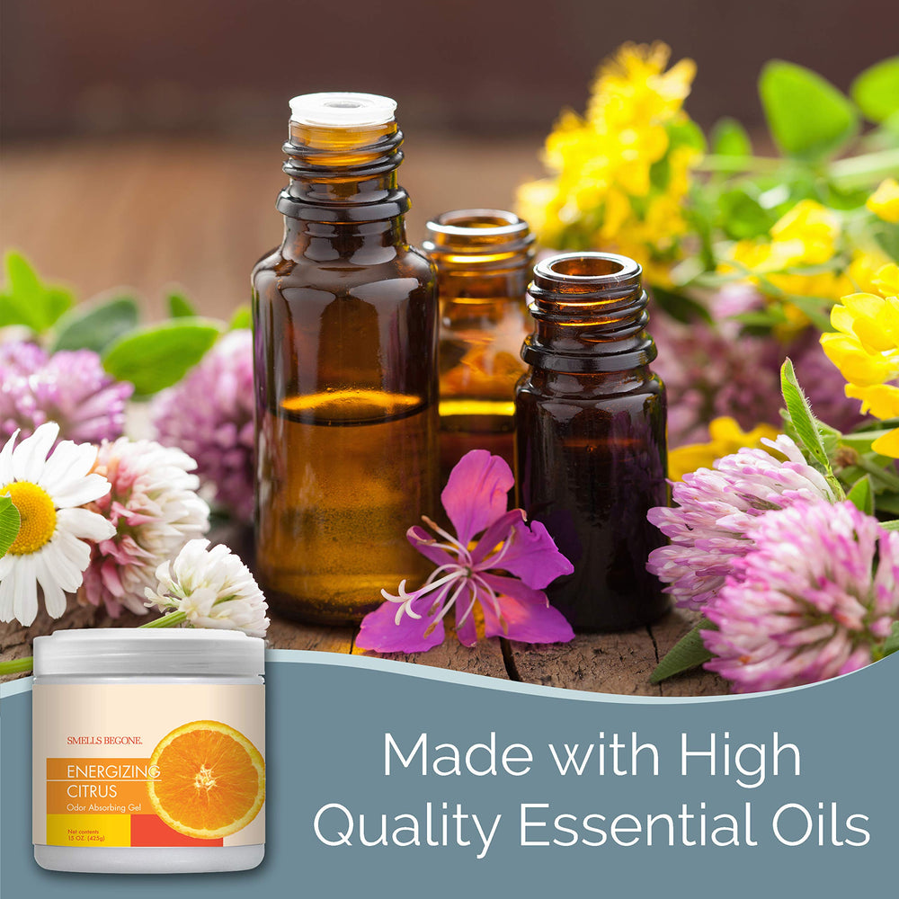 Smells Begone bathroom odor elimination jar emphasizing a fresh scent in restrooms.