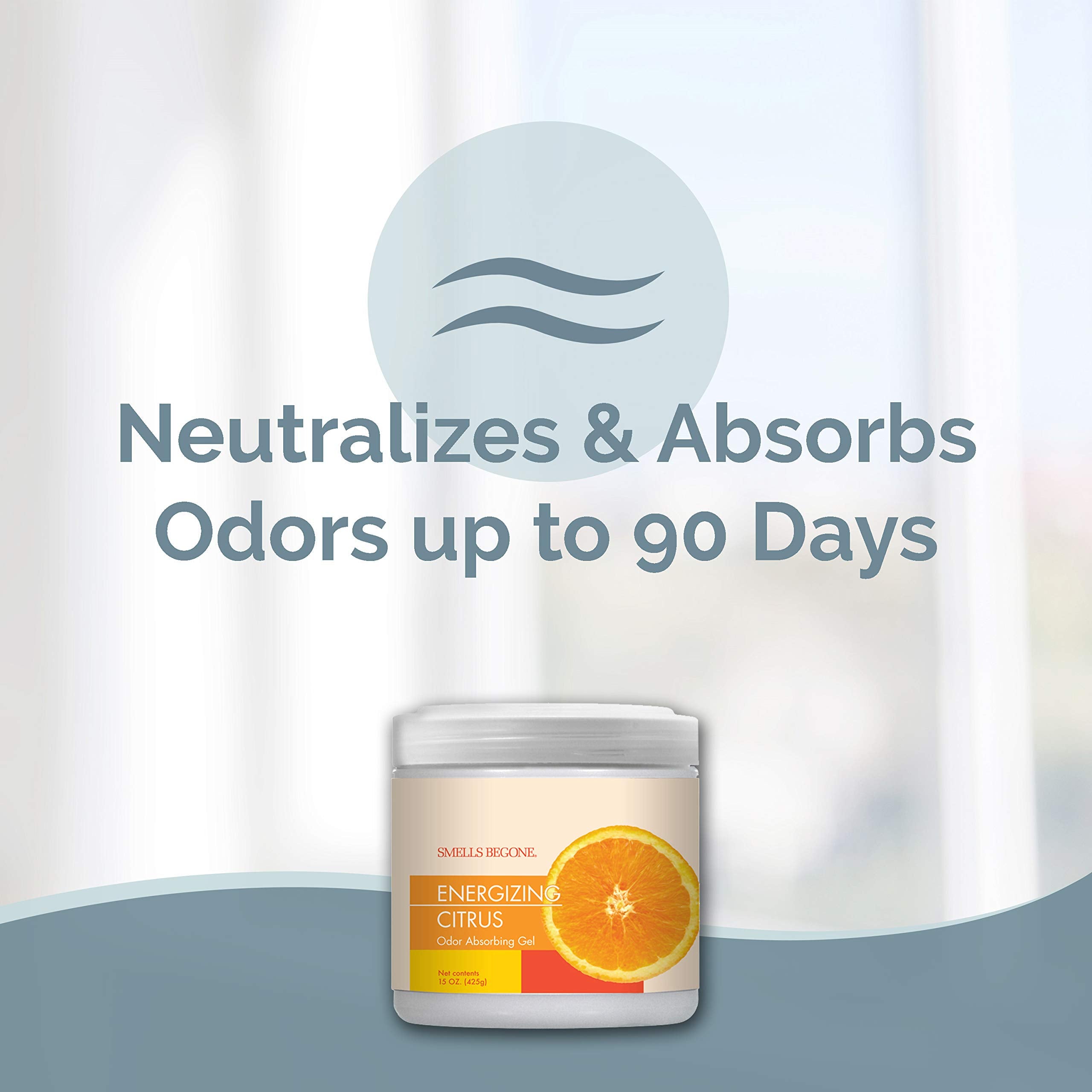 Smells Begone energizing citrus scent jar highlighting refreshing aroma for bathrooms and pet areas.