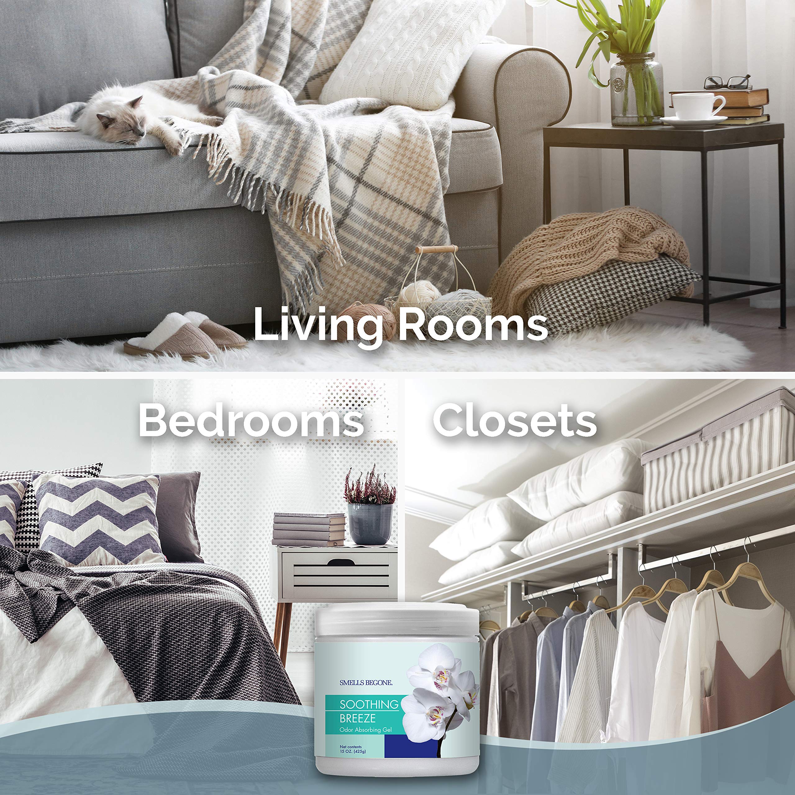 SMELLS BEGONE odor absorber gel in a room illustrates 450 sq ft coverage.