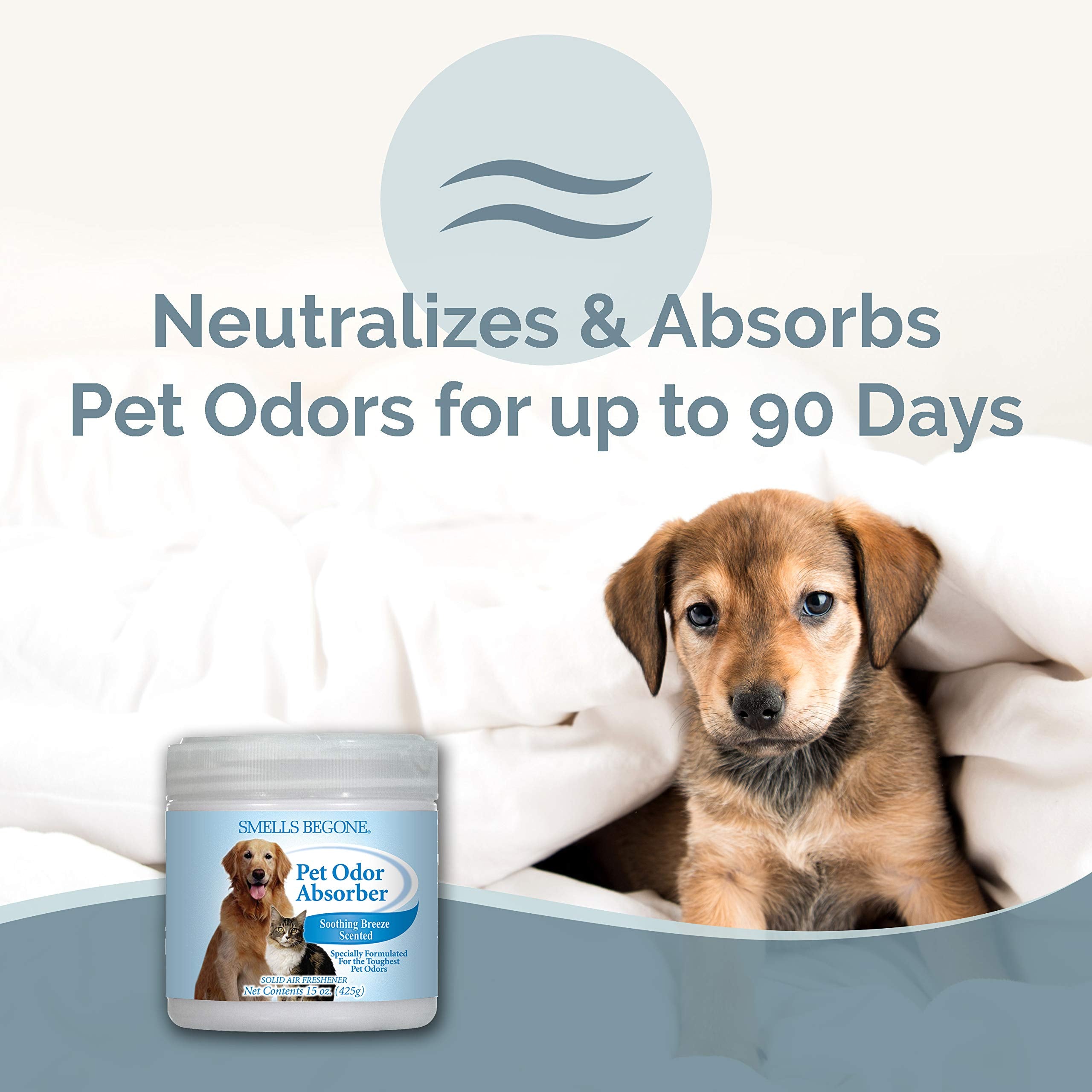 Smells Begone pet odor absorber gel jar highlights easy-to-use container design