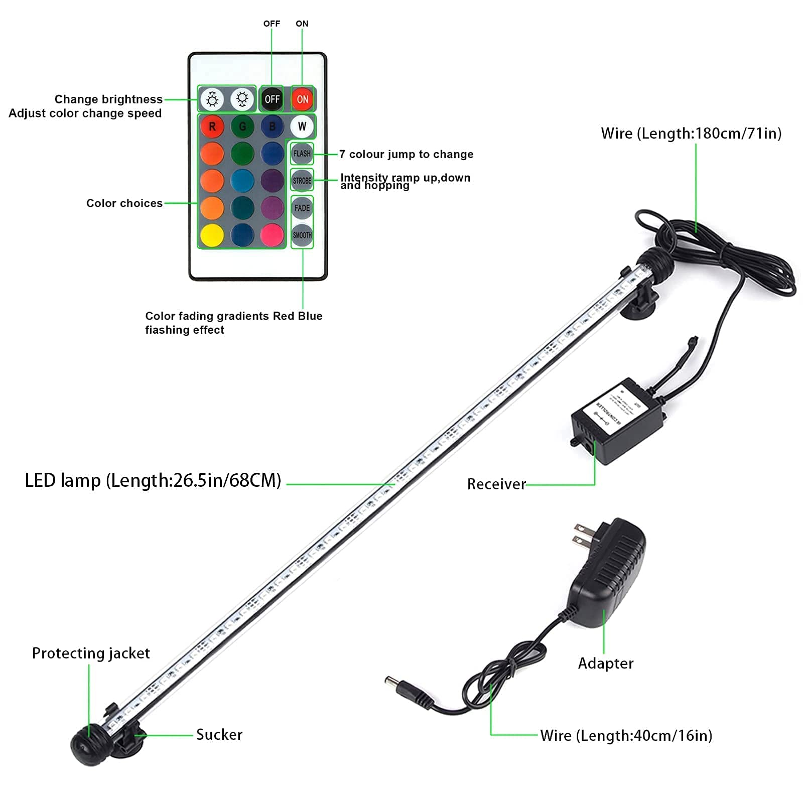 Smiful light with suction cups easily installs on tank top or bottom.