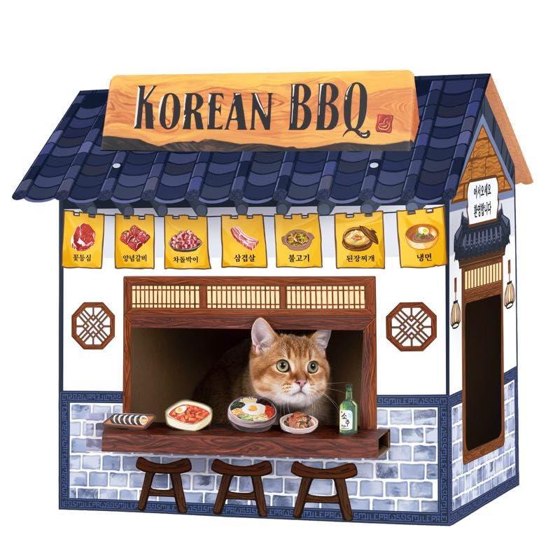 SMILE PAWS Korean BBQ cat house front view offers a cozy indoor retreat for cats.