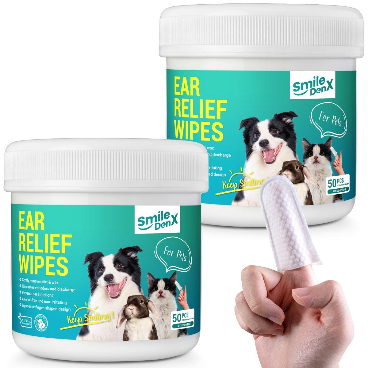 SmileDenX dog ear wipes packaging shows unscented formula for sensitive ears