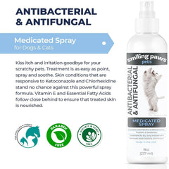 Smiling Paws Pets Advanced Chlorhexidine Spray application area shows precise spray reach.