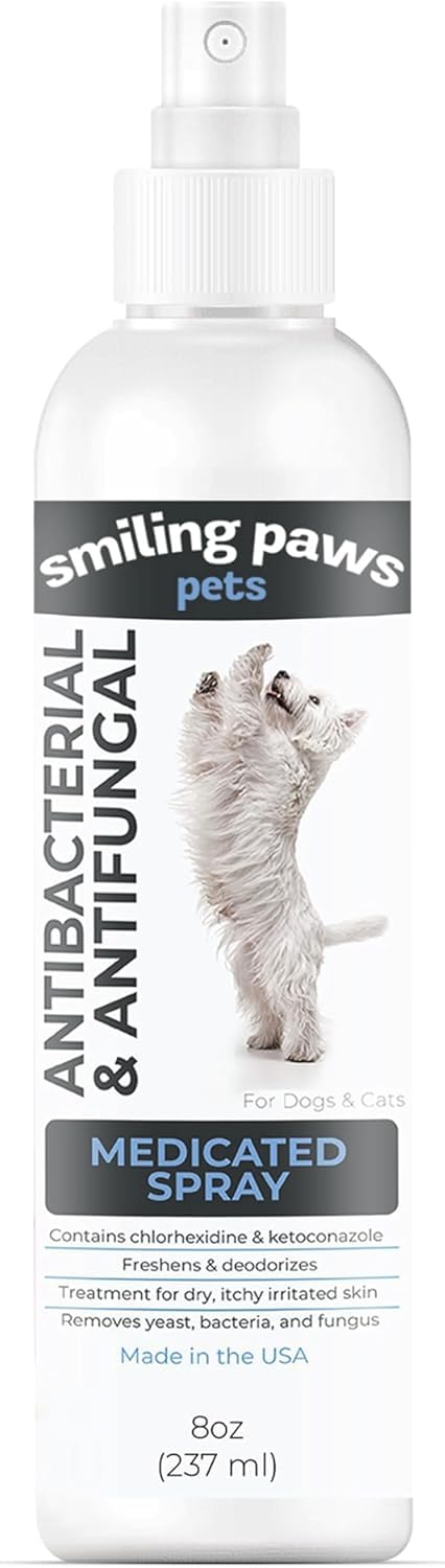 Smiling Paws Pets Advanced Chlorhexidine Spray bottle for targeted skin care.