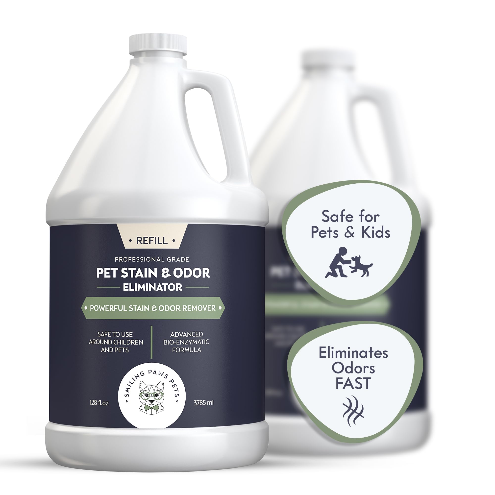 Smiling Paws Pets cat urine odor remover bottle shows enzyme action for quick odor relief.