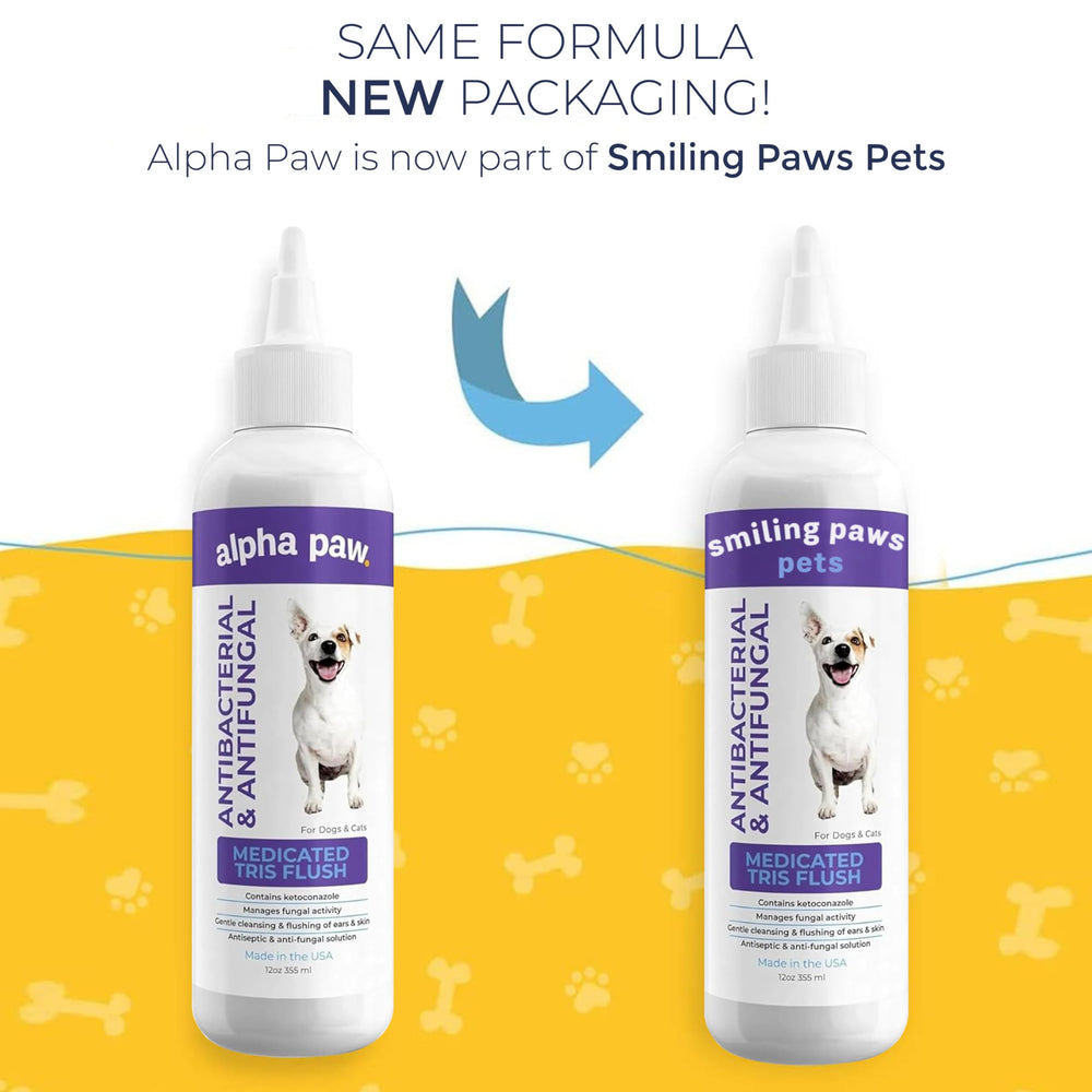 Smiling Paws Pets Tris Flush botella de 355 ml para higiene auditiva regular.