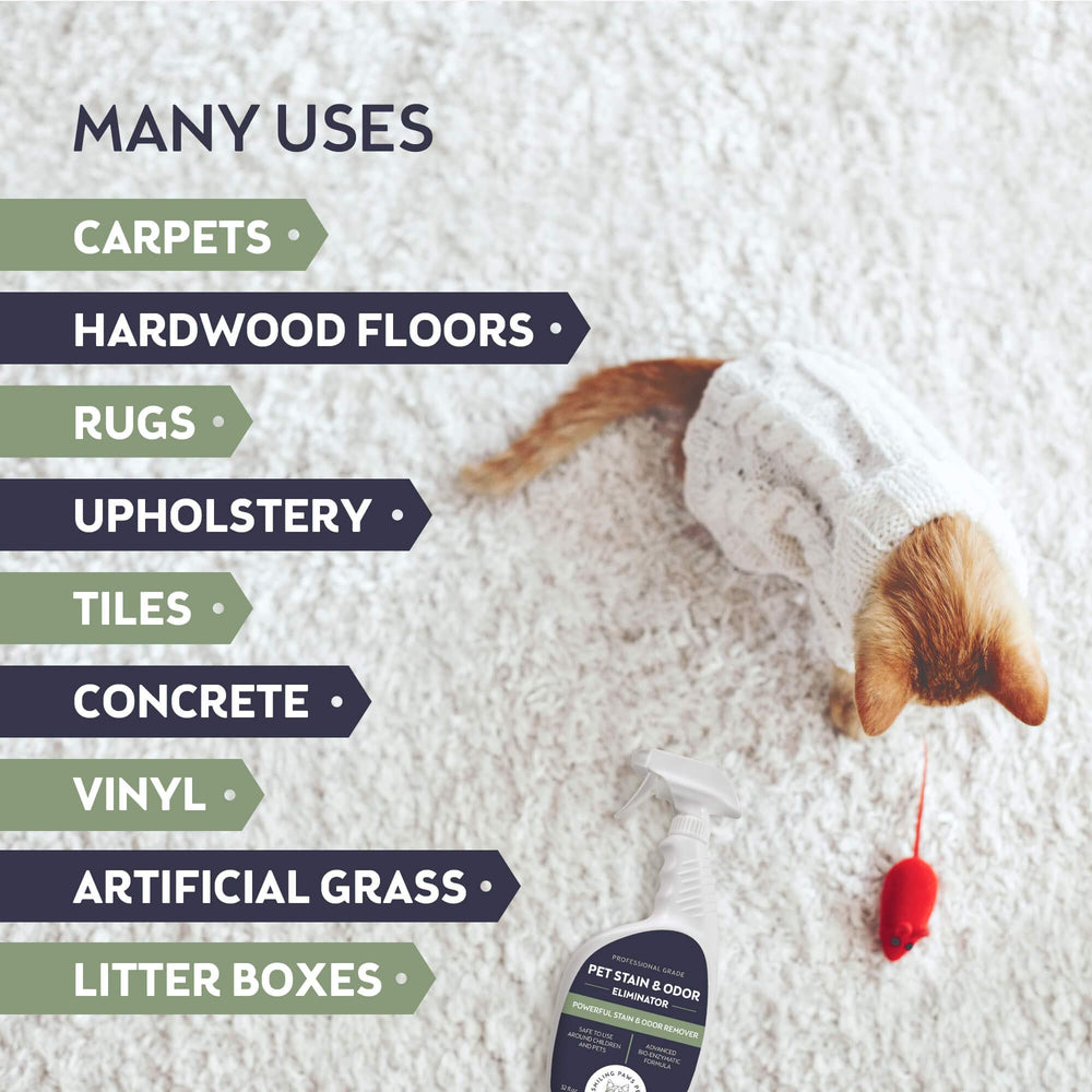 Smiling Paws Pets urine remover spray bottle demonstrates multi-surface odor elimination on carpets.