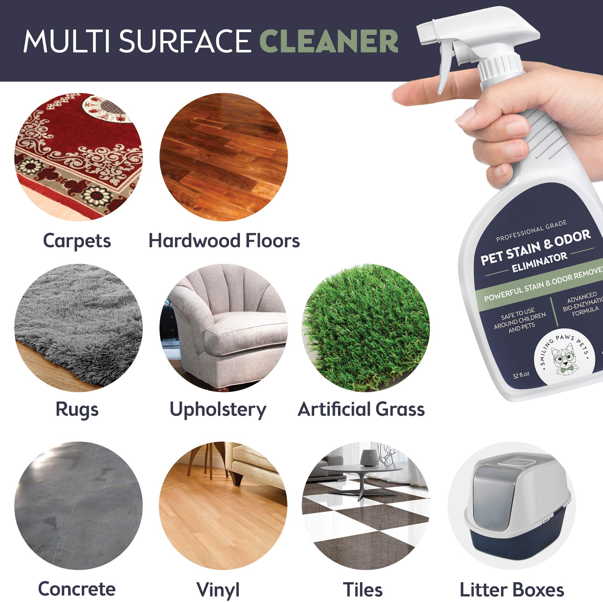 Smiling Paws Pets odor remover on upholstery shows stain lift and deodorization.