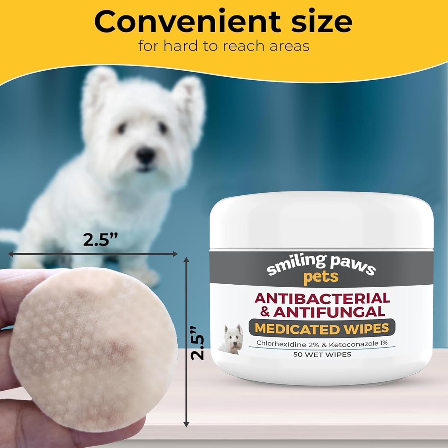 Smiling Paws Pets wipes being used on a paw area for quick care
