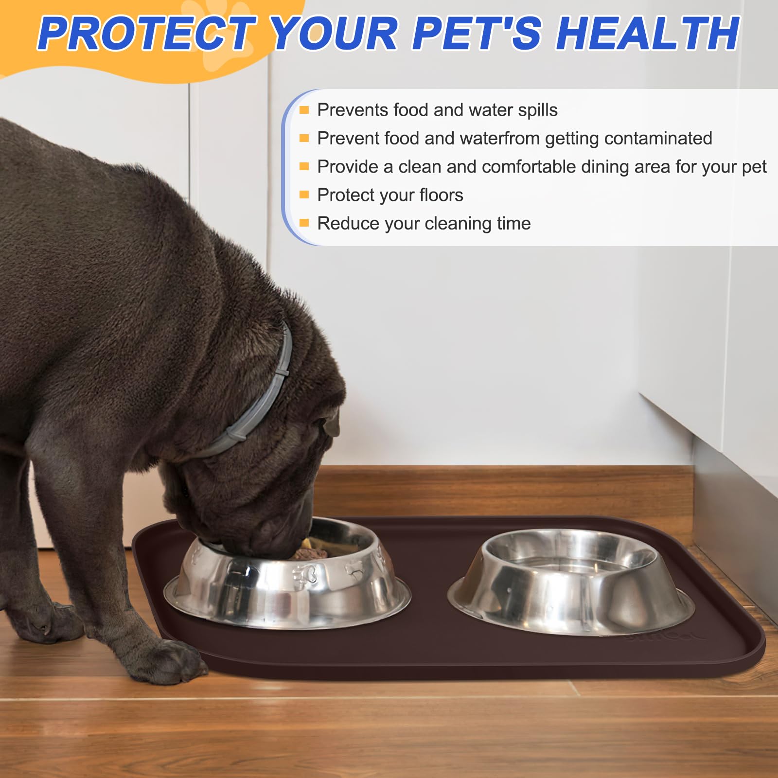 SMILOOL mat placed under bowls to prevent slipping and floor mess