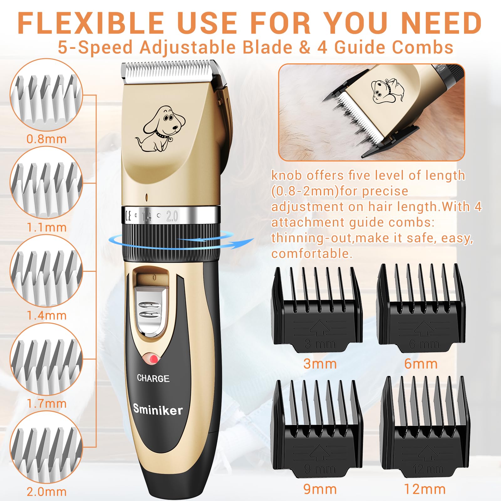 Sminiker Professional low-vibration, ultra-quiet motor reduces pet stress during grooming.