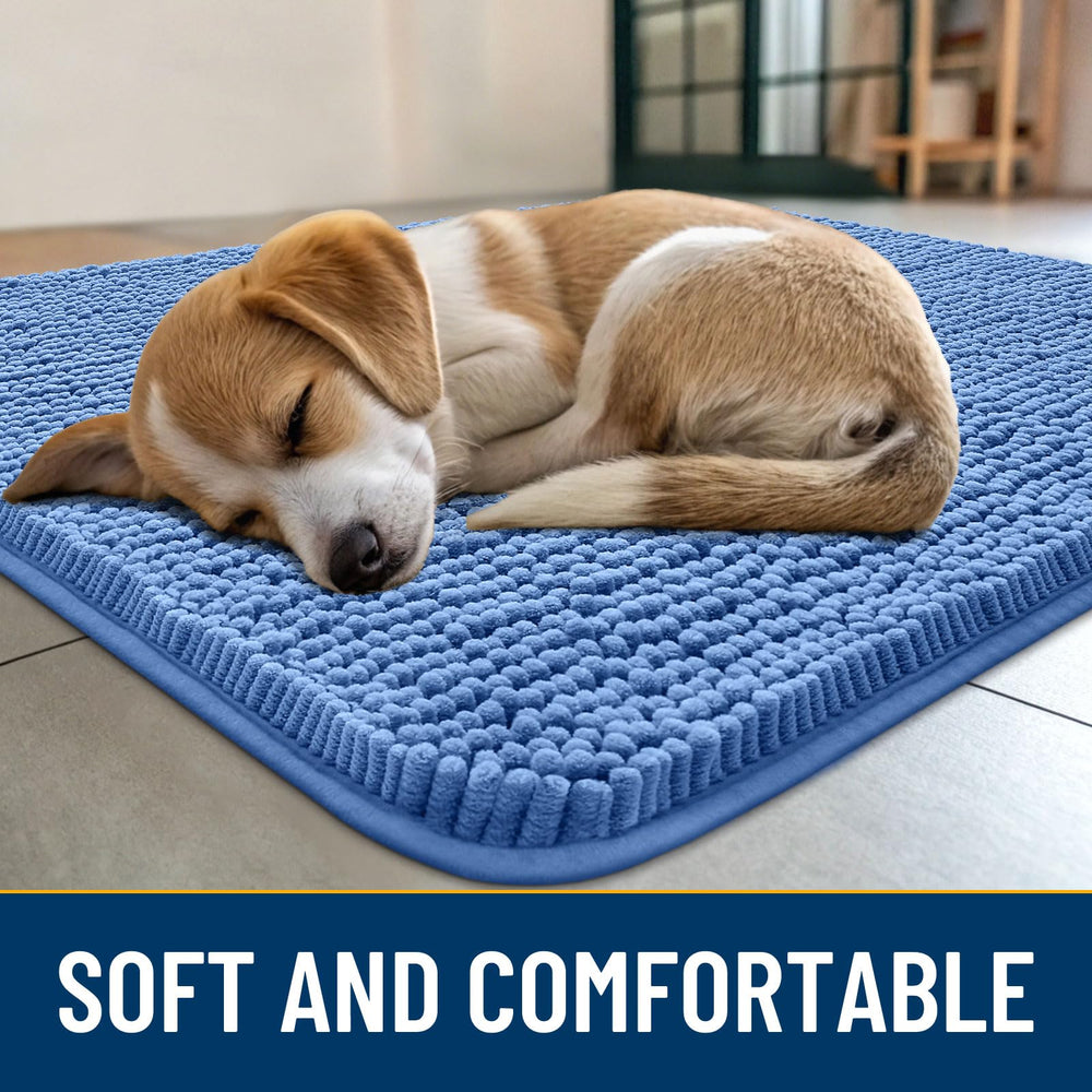 Smiry chenille mat in cornflower blue traps dirt and moisture at the door.
