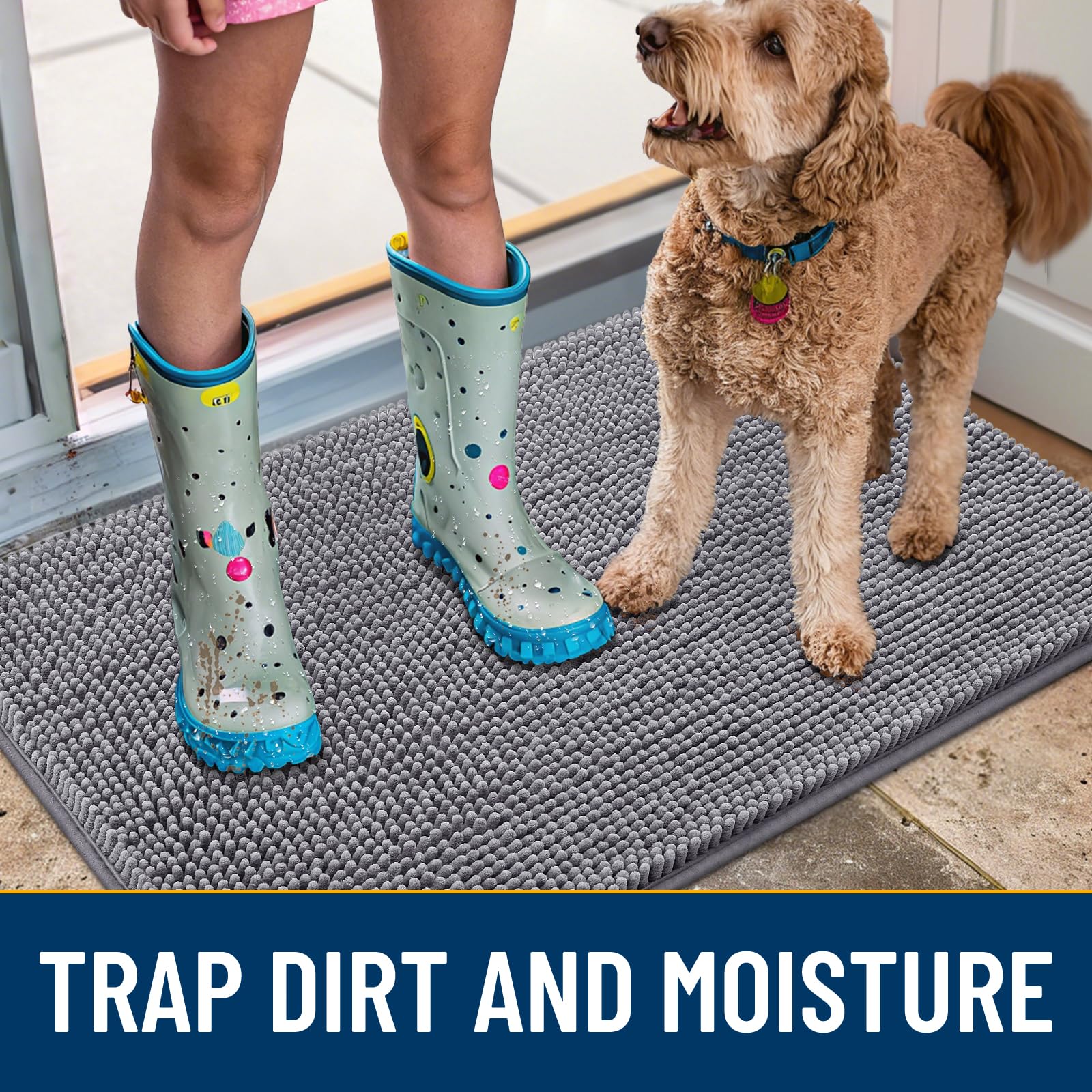 Smiry chenille door mat soft-pile enhances pet comfort at every doorway.
