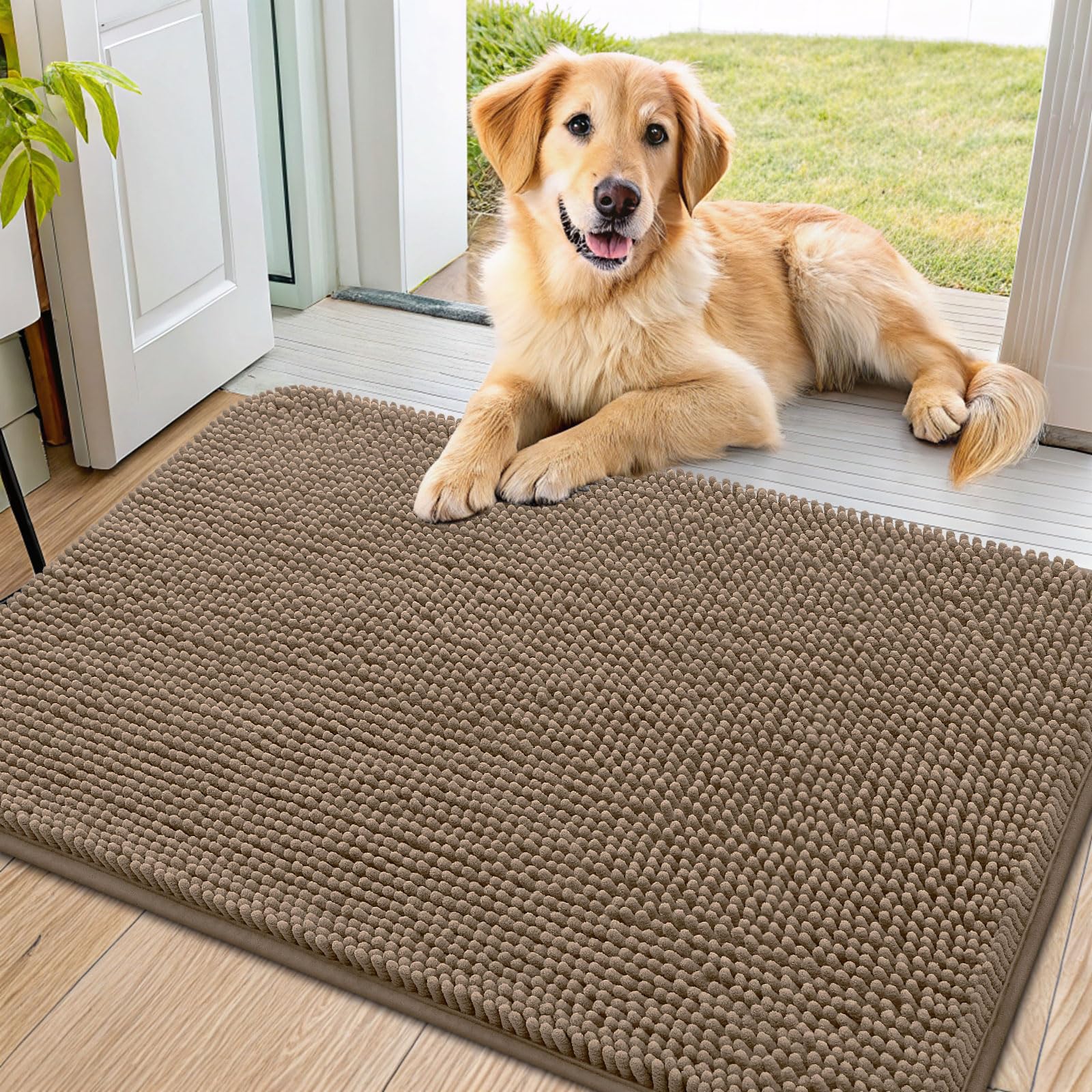 Smiry dog door mat 36x24 camel, front view showing plush chenille comfort