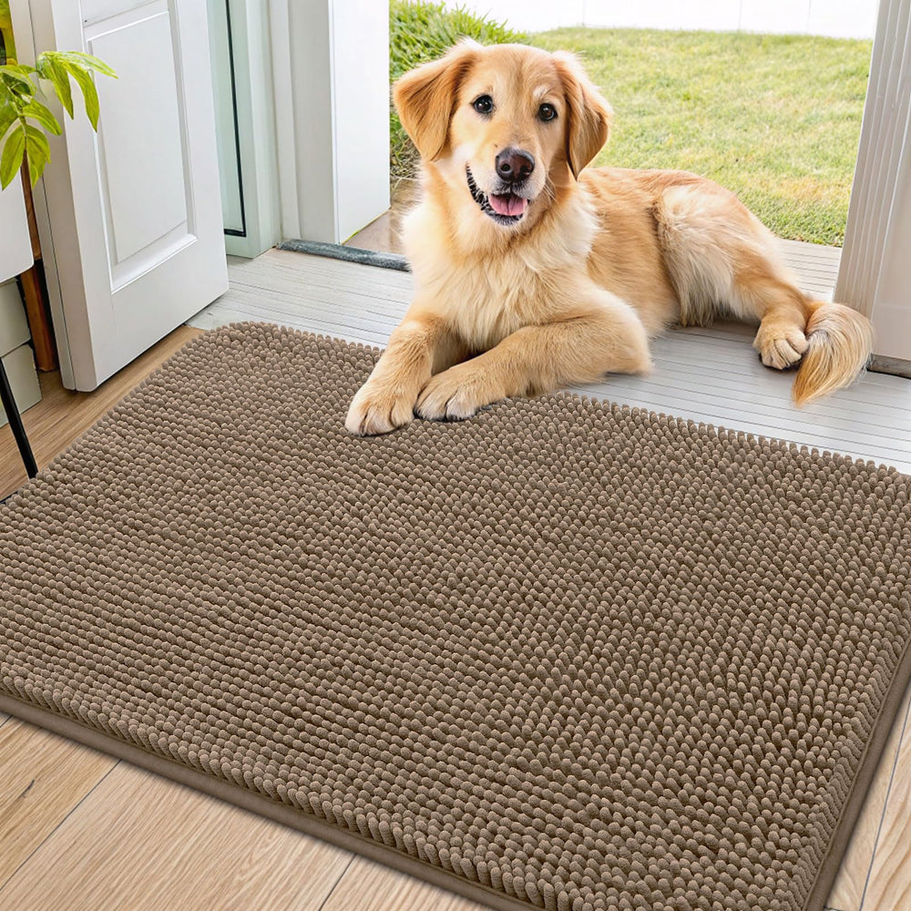 Smiry dog door mat 36x24 camel, front view showing plush chenille comfort
