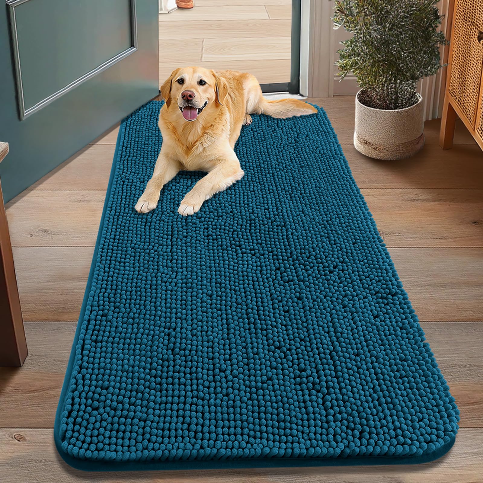 Smiry dog door mat 48x30 Atlantic Blue showing moisture-absorbing surface for dry paws