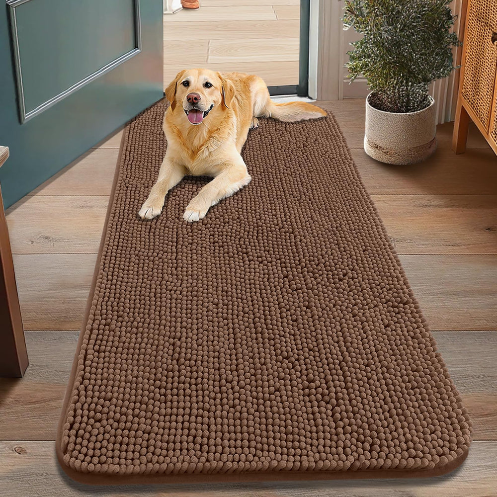 Smiry dog door mat 48x30 mocha close-up shows soft chenille that traps mud and reduces slips.