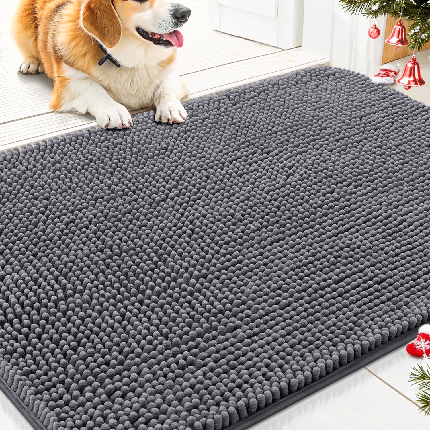 Smiry dog door mat on entry absorbs moisture to reduce wet floors.