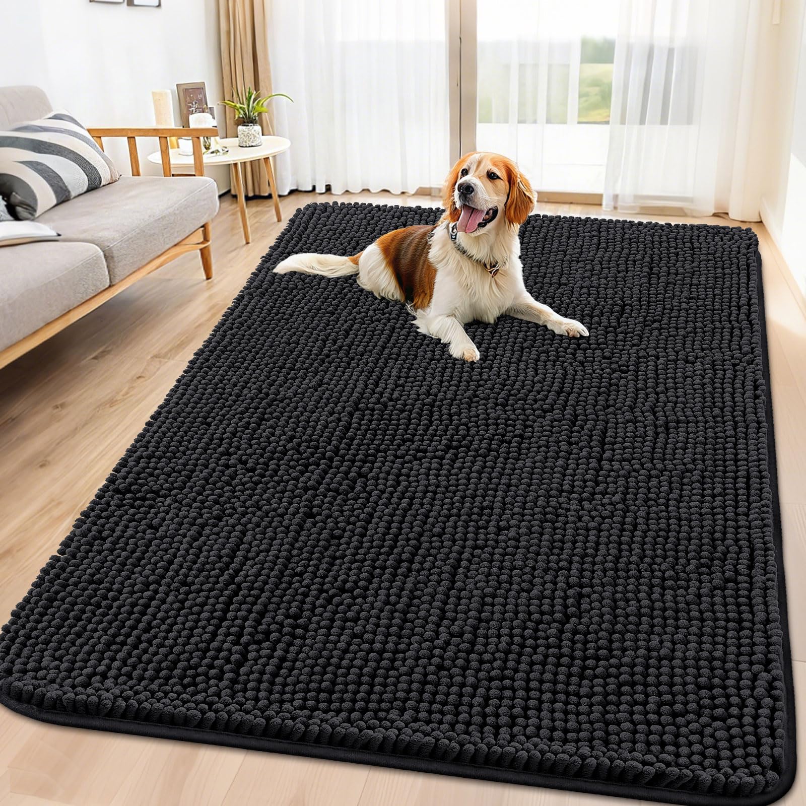 Smiry dog door mat closeup showing absorbent dirt-trapping chenille for muddy paws.