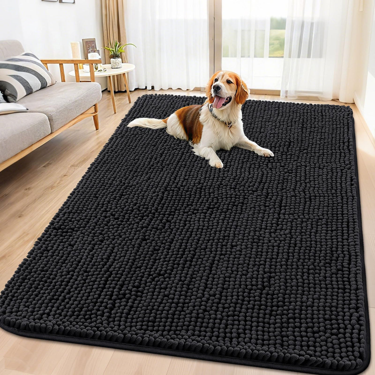 Smiry dog door mat closeup showing absorbent dirt-trapping chenille for muddy paws.