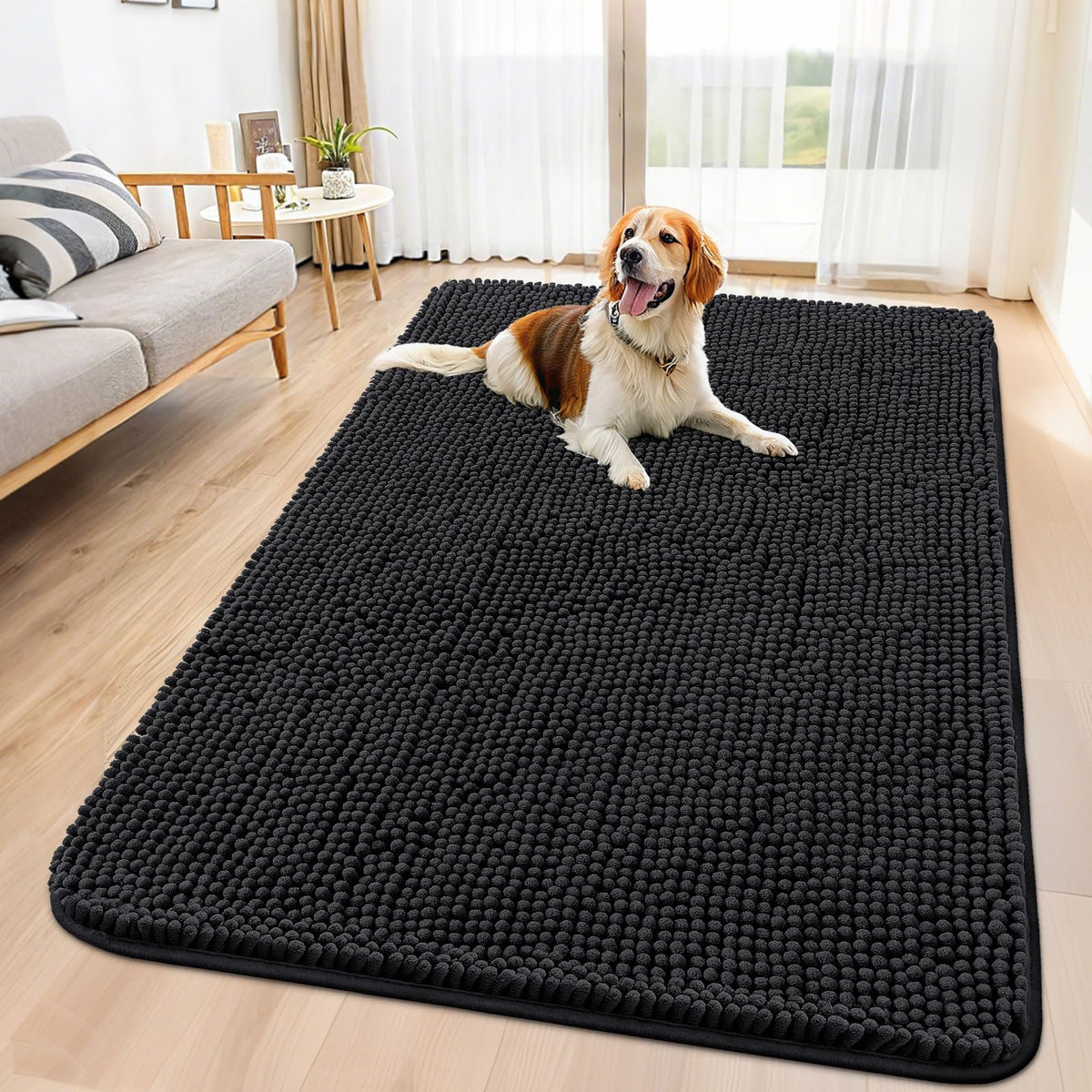 Smiry dog door mat absorbs mud and moisture for a cleaner entryway.