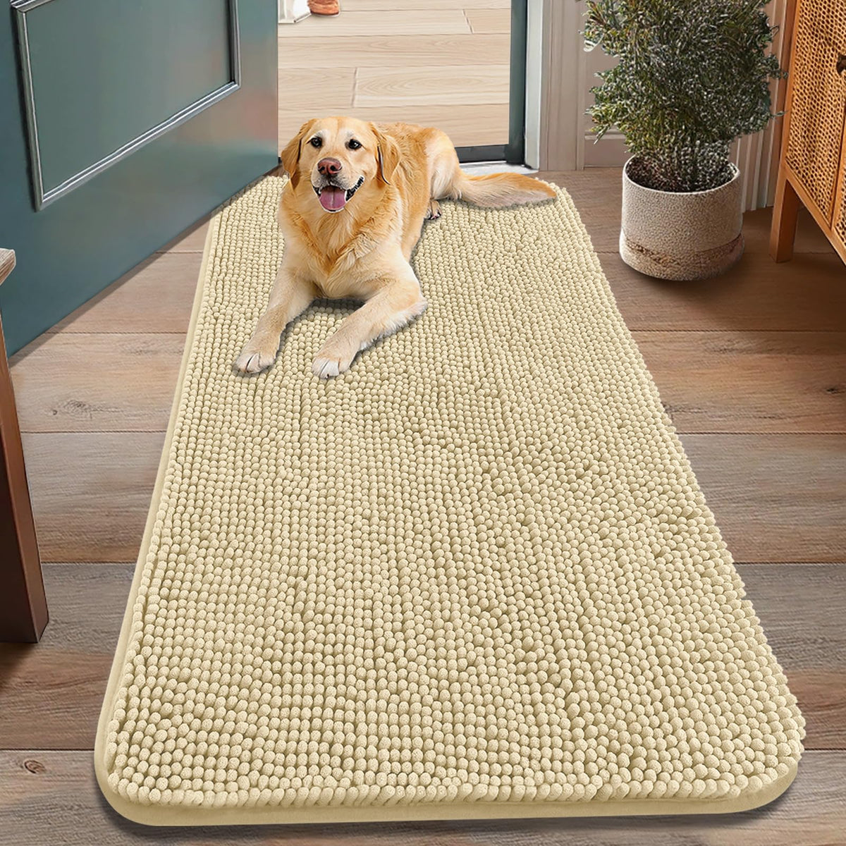 Smiry dog door mat in cream shows absorbent plush fibers trapping mud at the entry