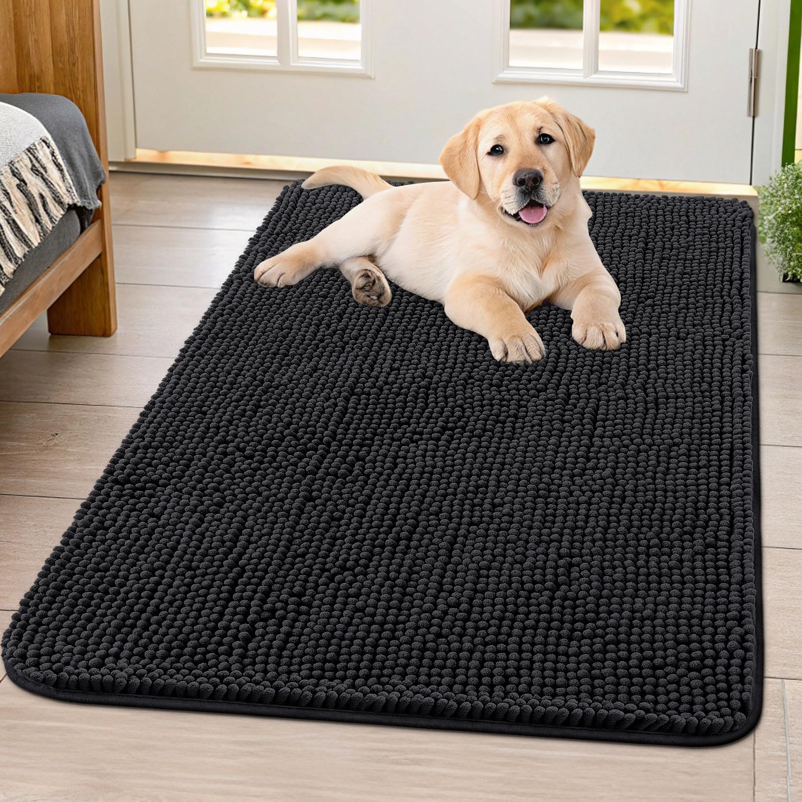 Smiry dog door mat showing absorbent muddy paws at the entryway for cleaner floors.