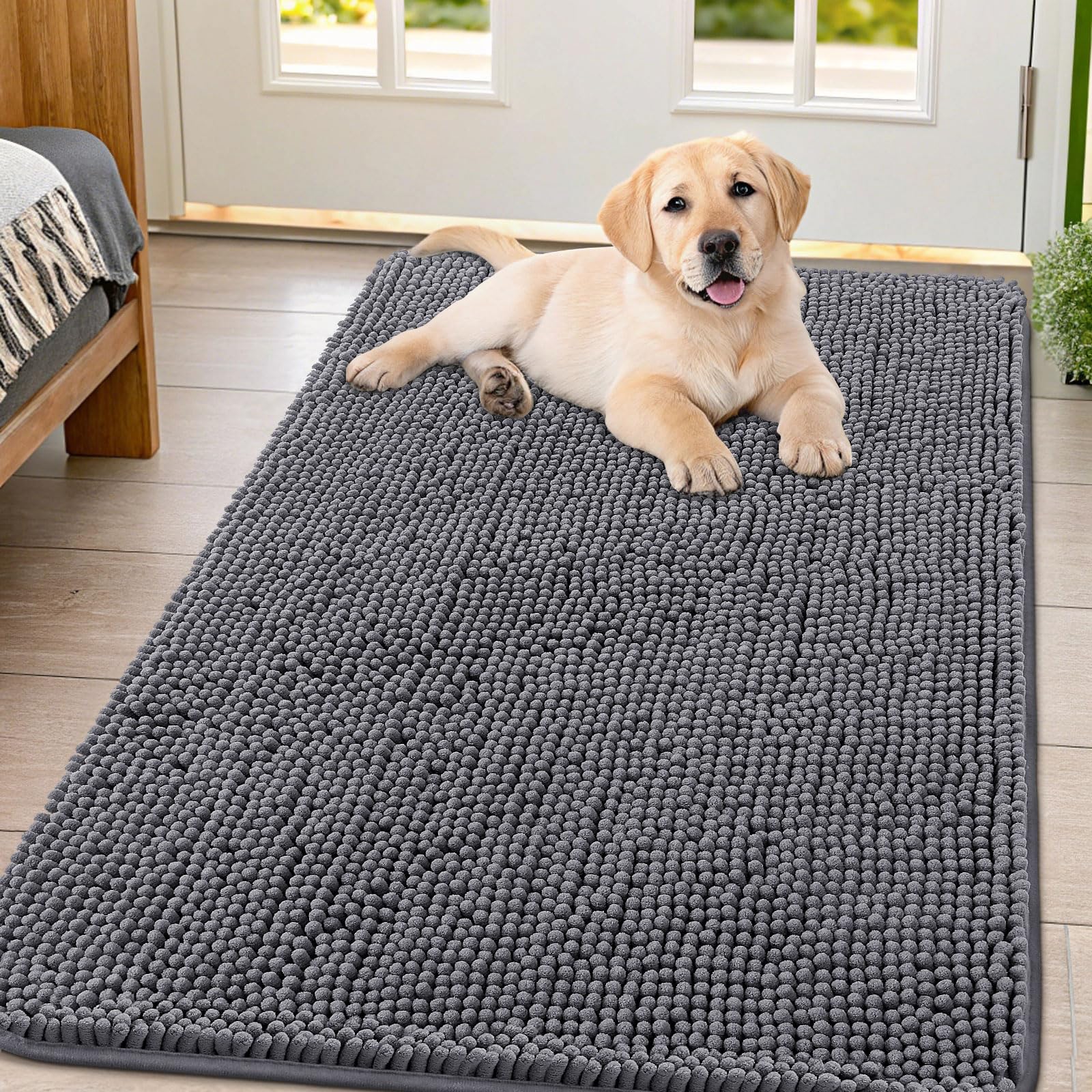 Smiry dog door mat absorbs moisture and mud at the entry.