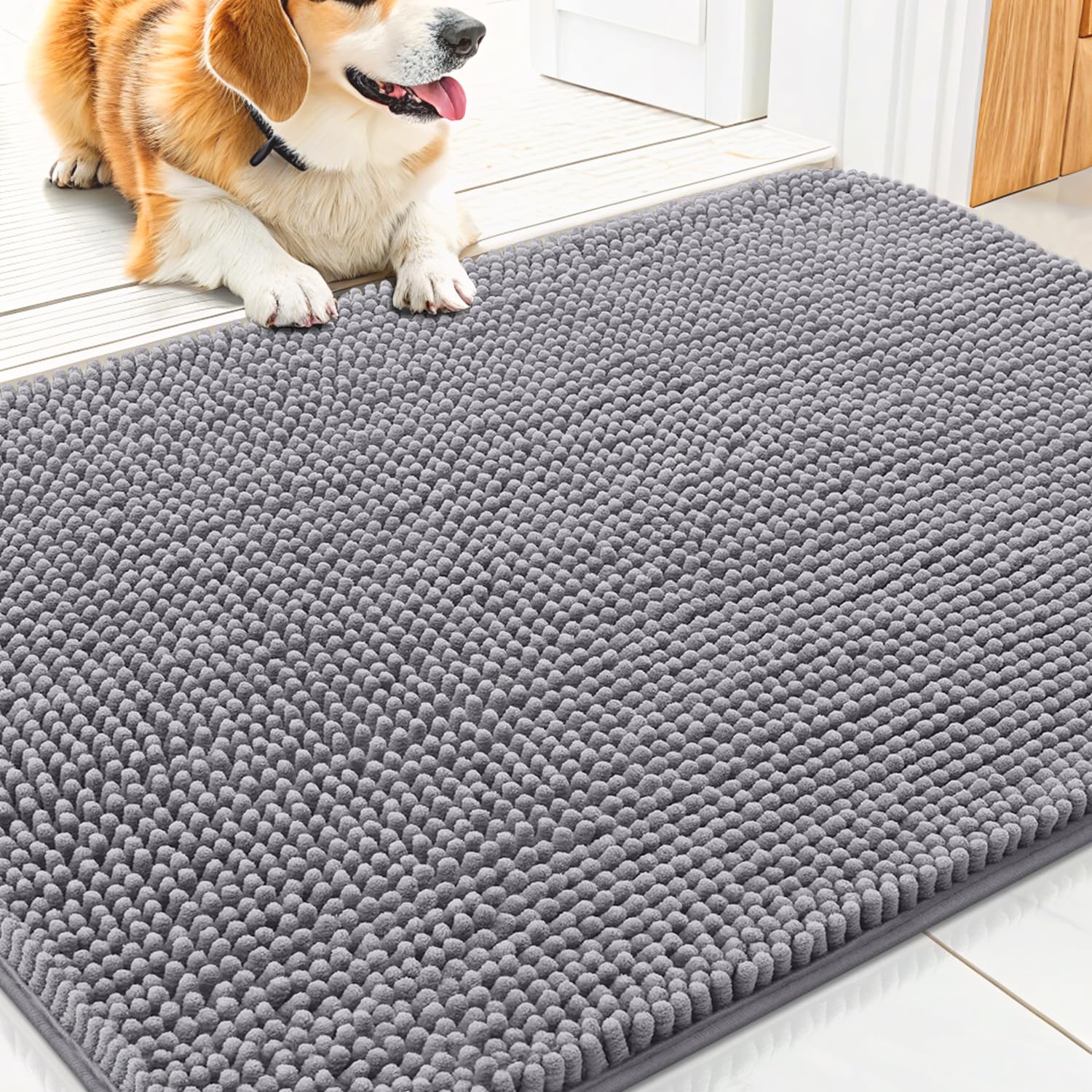 Smiry dog door mat absorbent pile closeup highlights plush chenille that absorbs moisture and traps dirt
