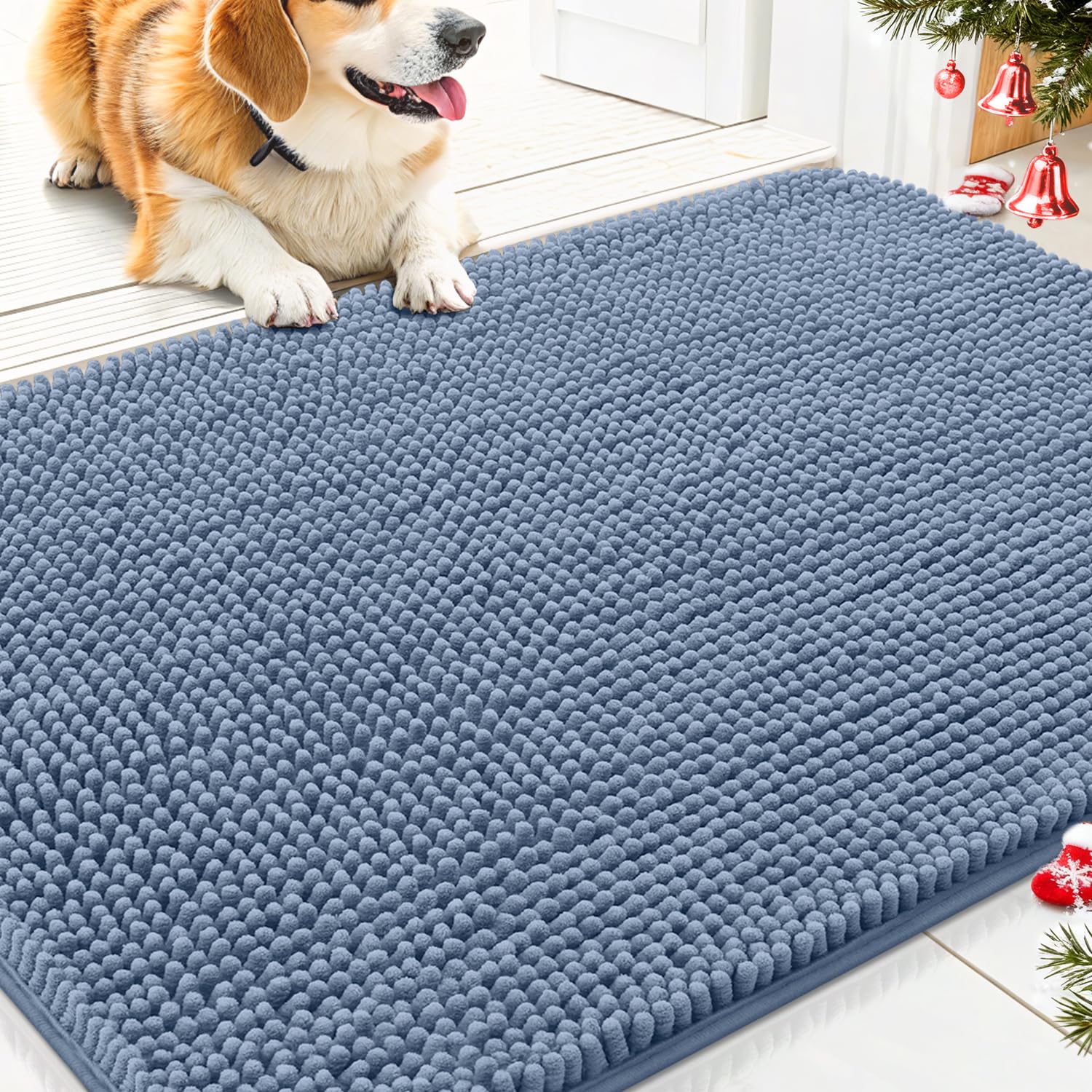 Smiry dog door mat close-up showing absorbent chenille trapping moisture at entryways