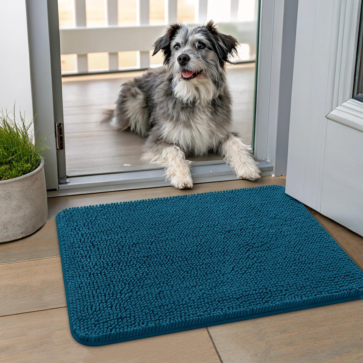 Smiry dog door mat Atlantic Blue front view showcases soft chenille for muddy paws.
