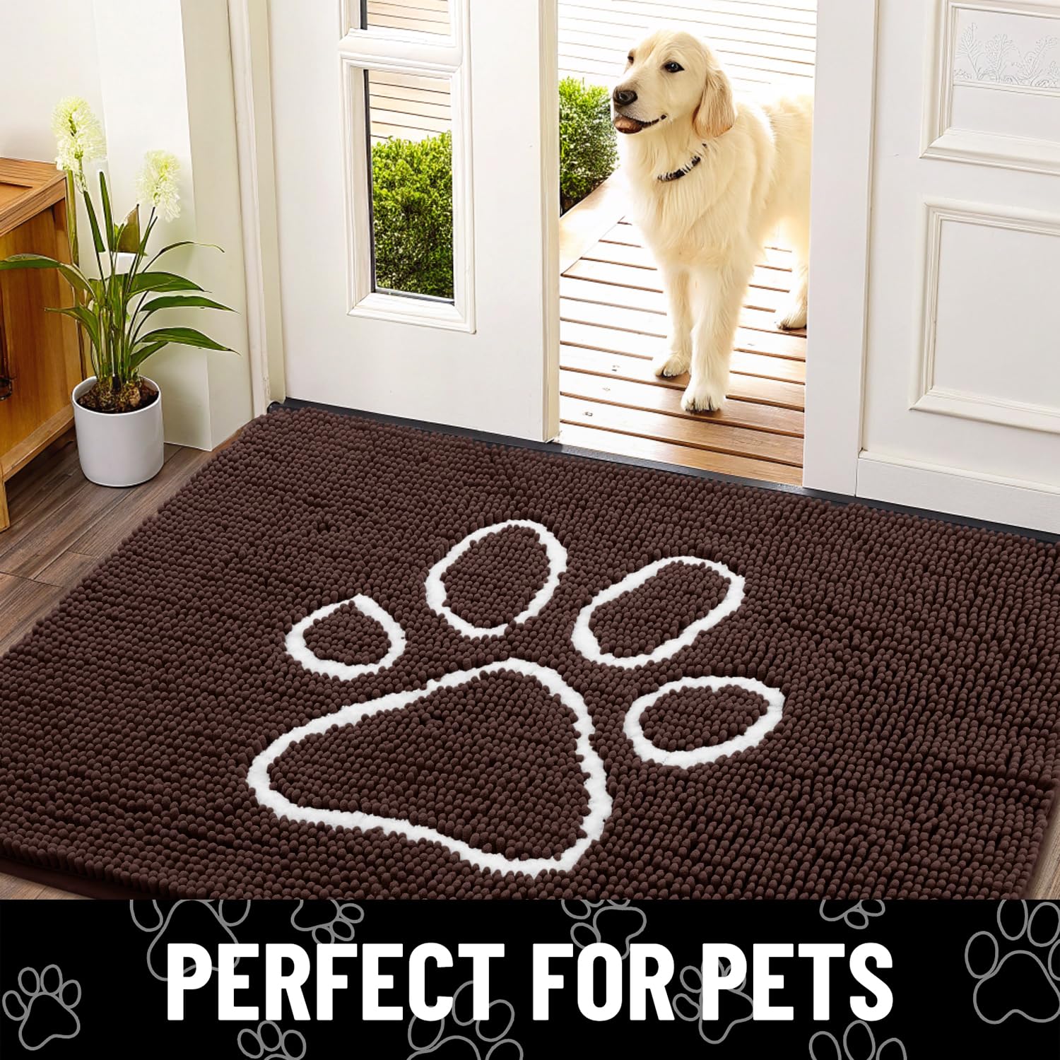 Smiry dog door mat brown and white colorway complements any entryway.