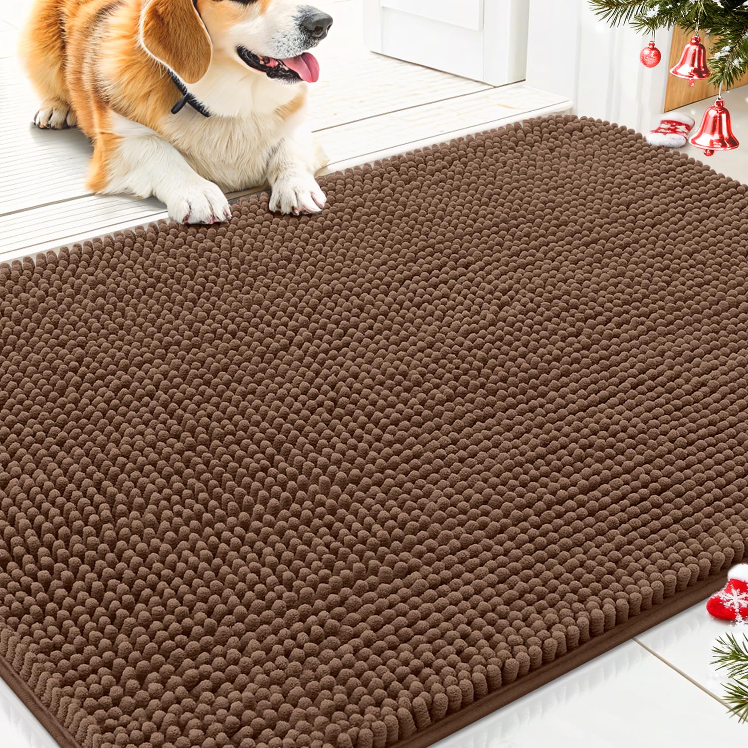 Smiry dog door mat chenille close-up showing plush paw comfort.