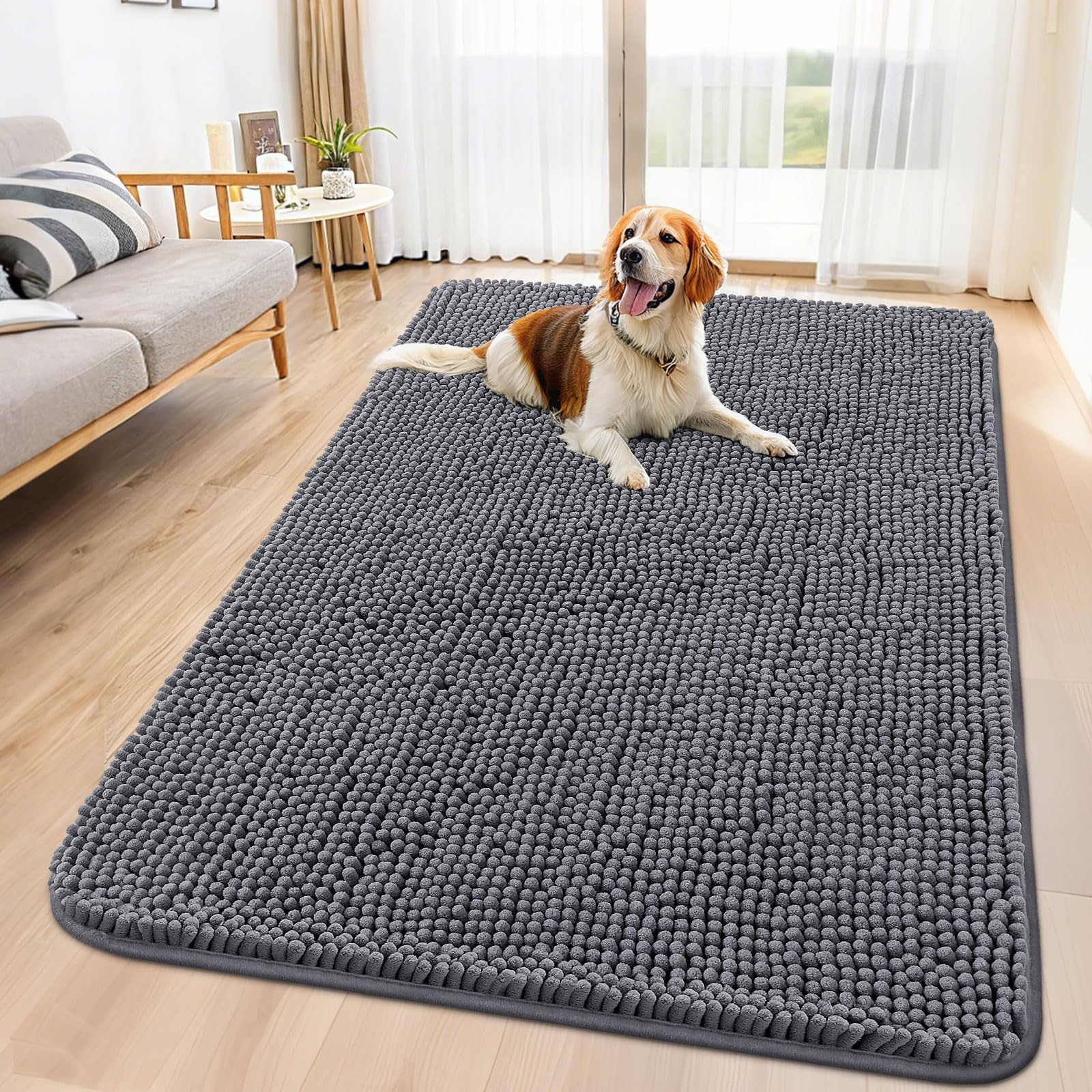 Smiry dog door mat closeup shows plush chenille for soft touch and moisture absorption.