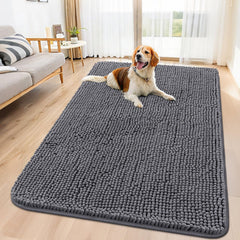 Smiry dog door mat closeup shows plush chenille for soft touch and moisture absorption.